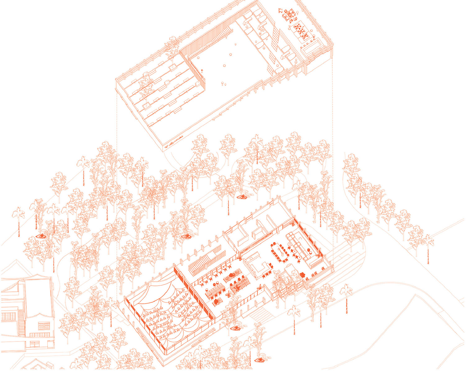 A drawing of a house with a lot of trees.