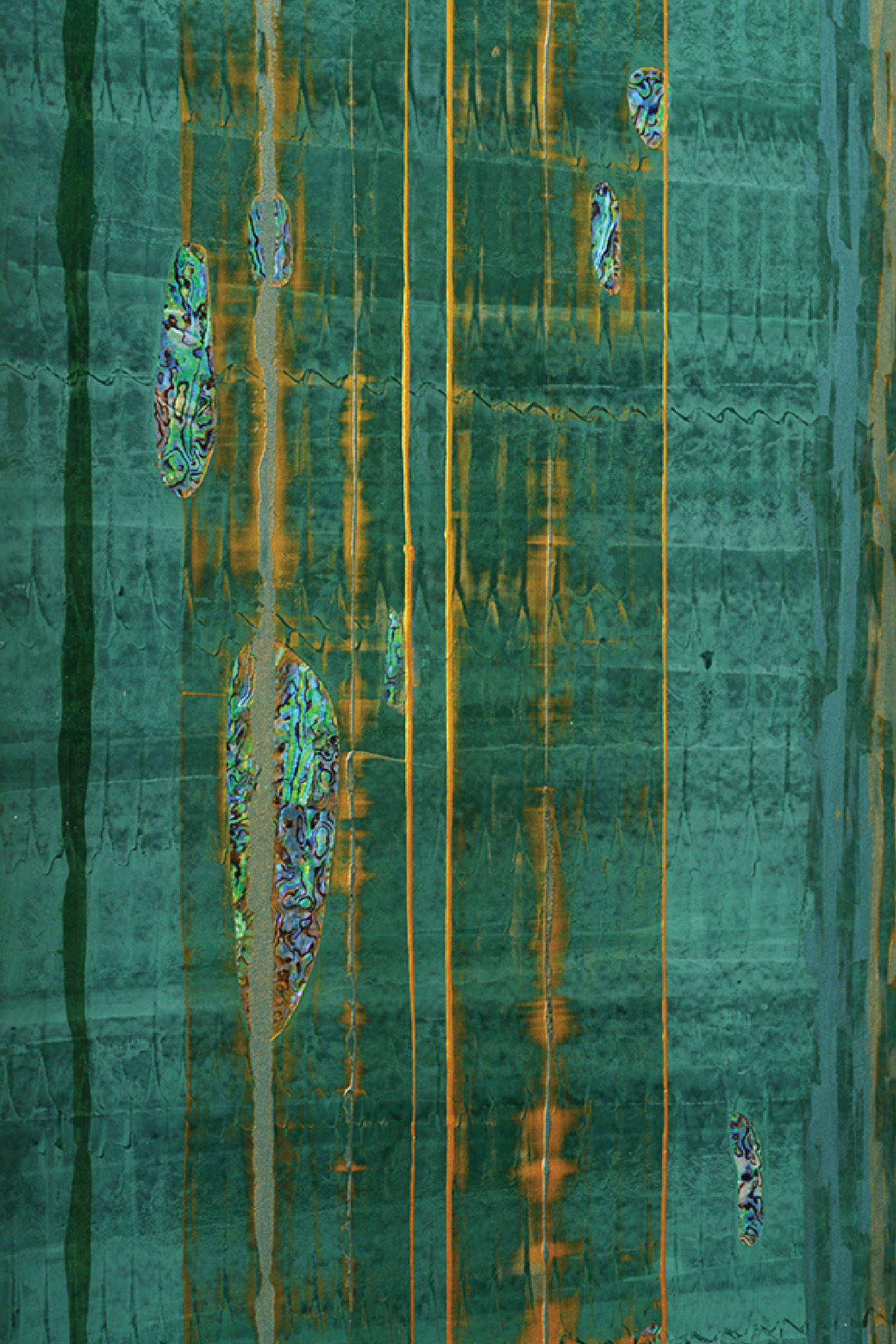 A painting of a green wall with a bunch of butterflies.