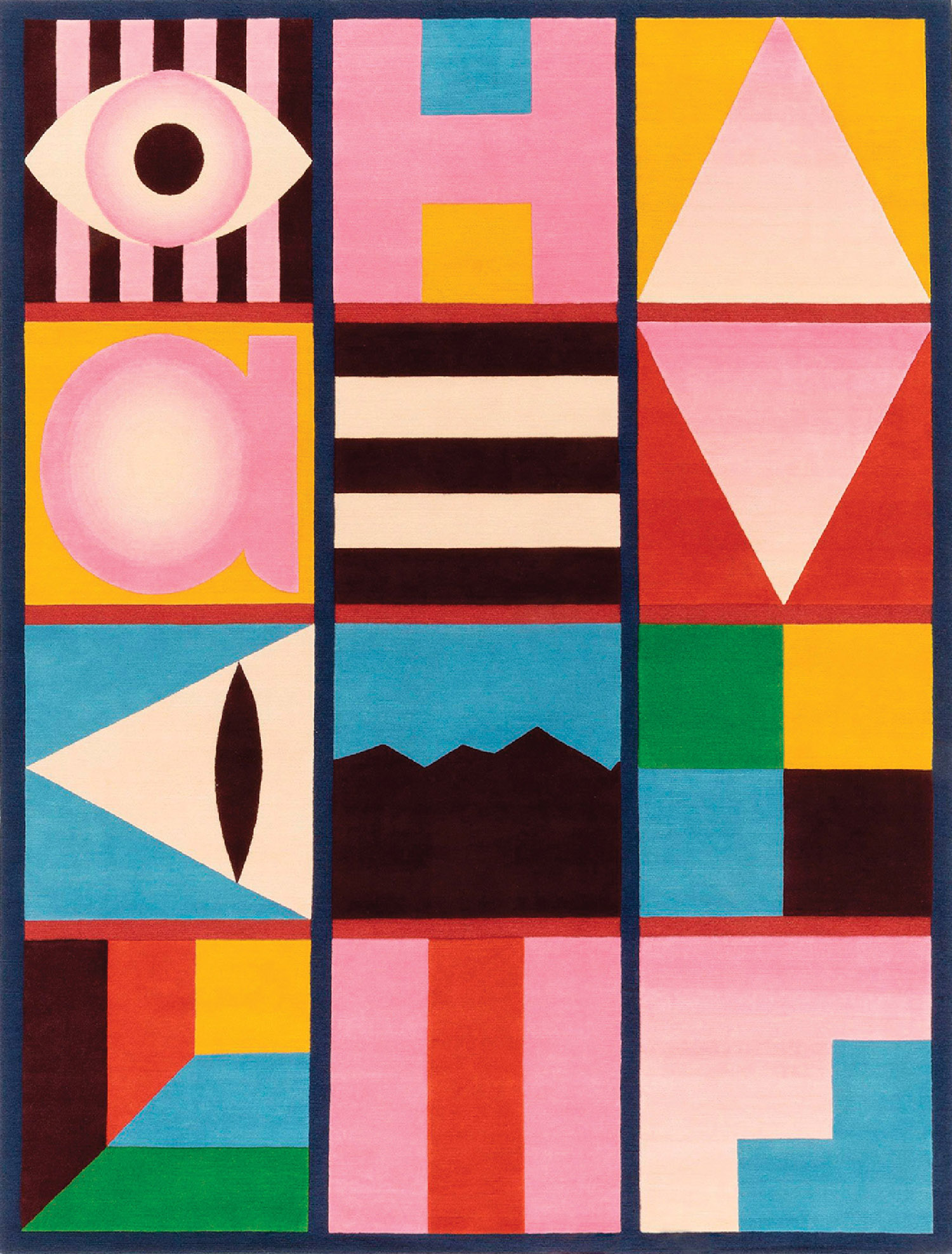 A colorful rug with geometric shapes.