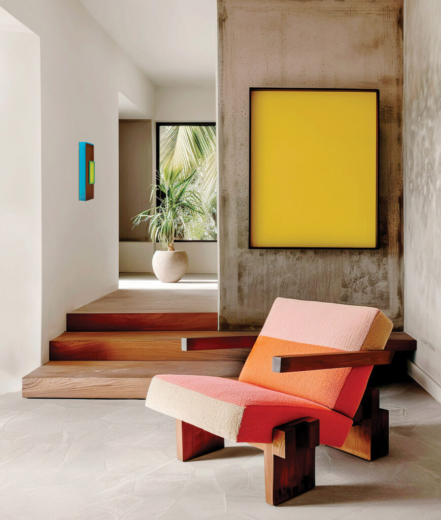 A chair and a table in a room.