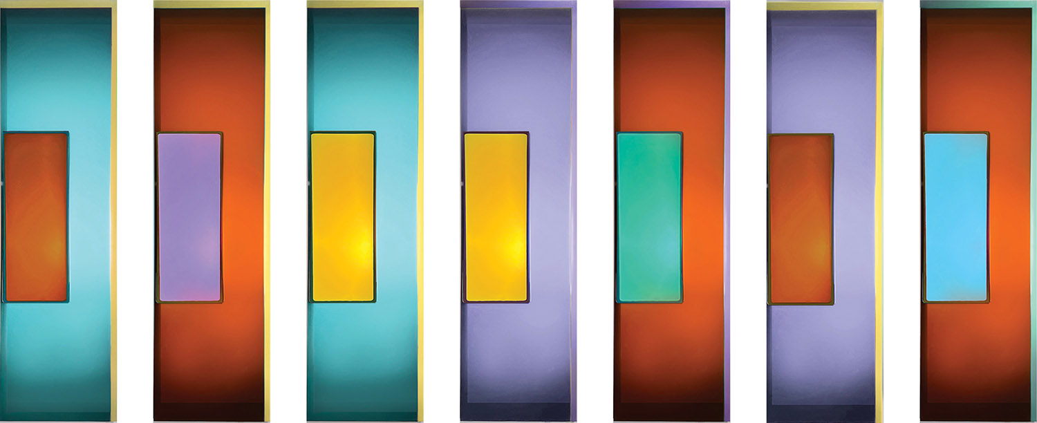 Three colorful glass panels with different colors.