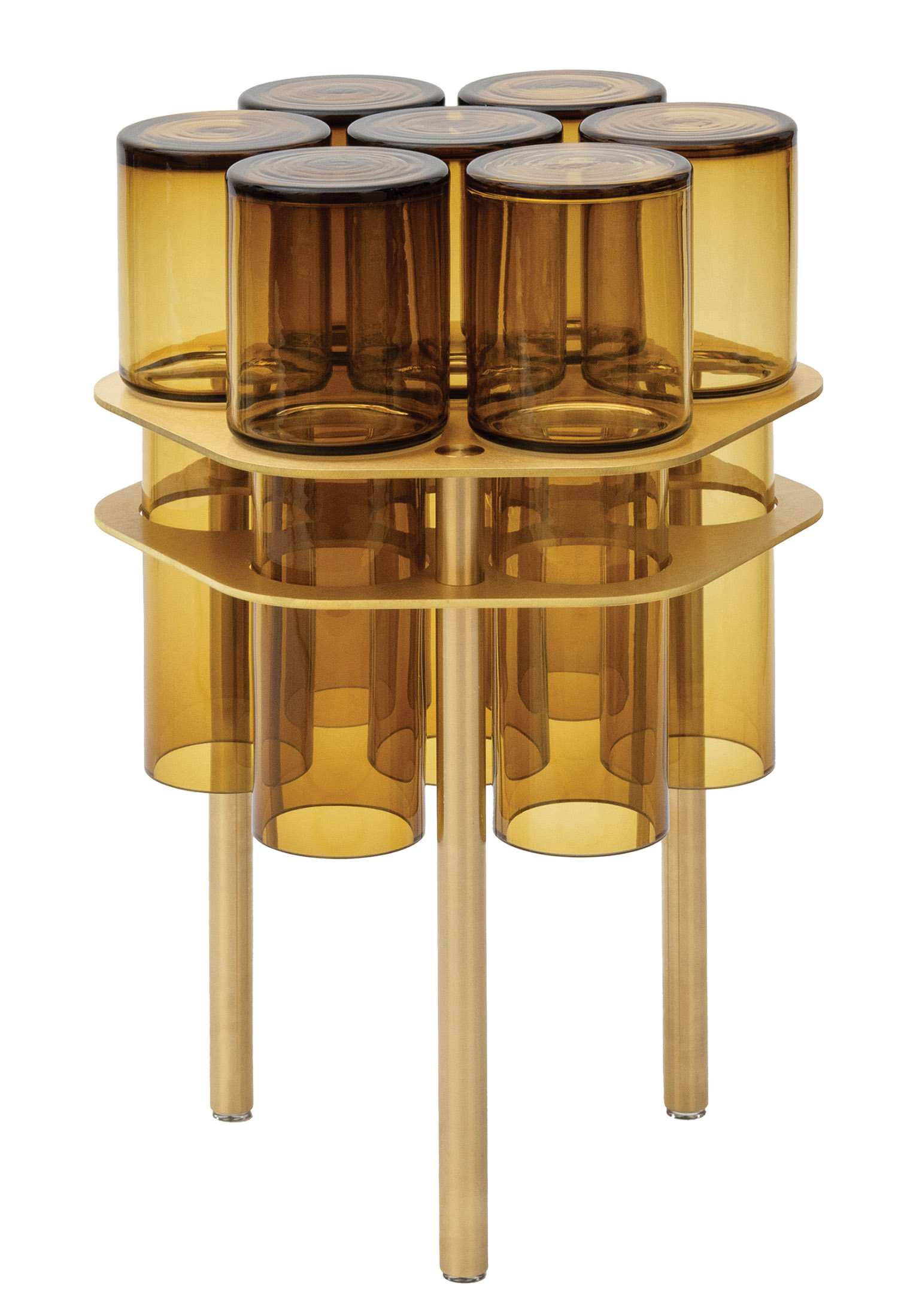A gold and black glass side table with three small round tables.