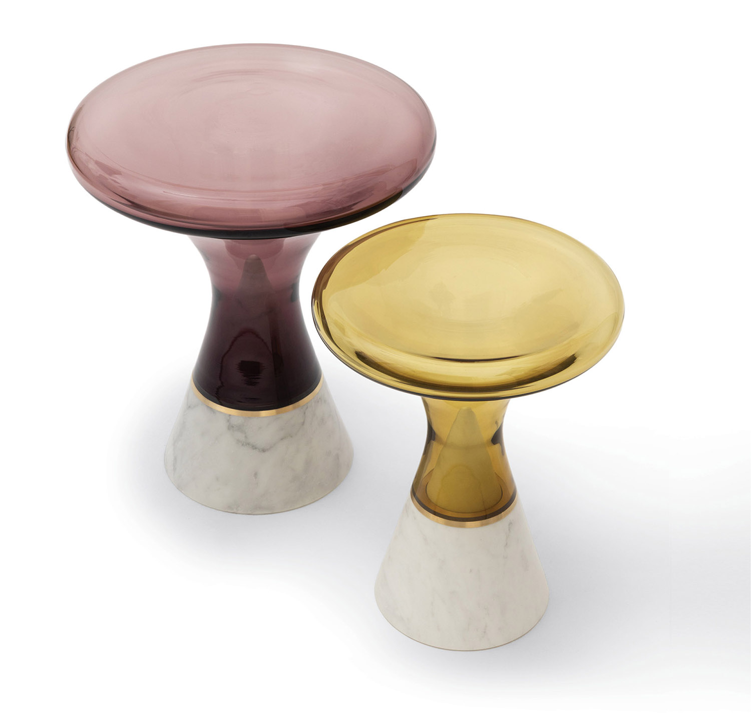 Two small stools with marble bases and gold bases.