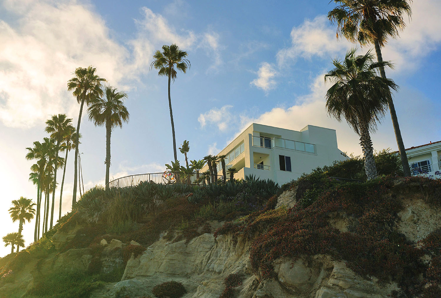 A house on a hill with palm trees.