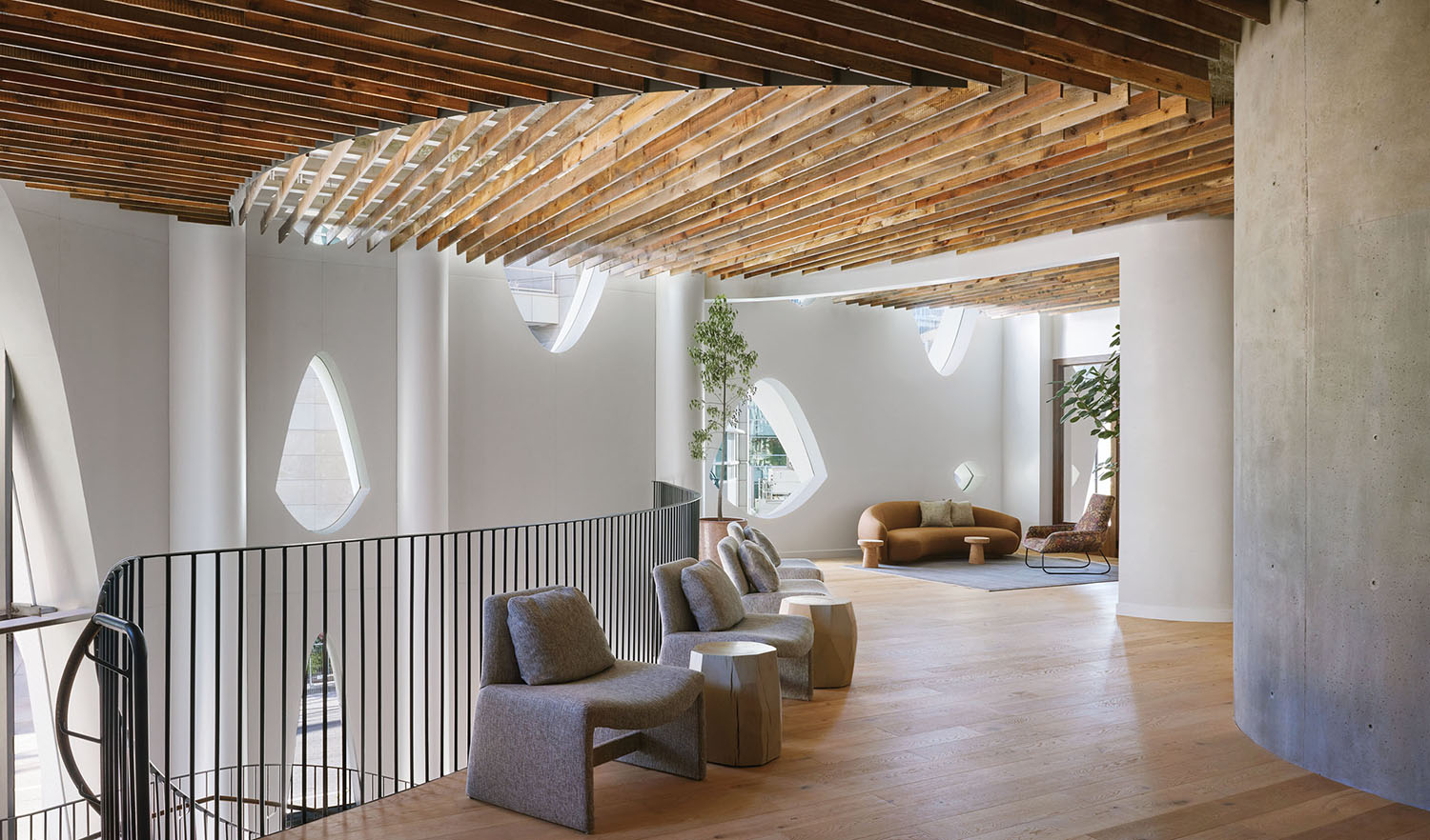 A living room with a staircase and a staircase.