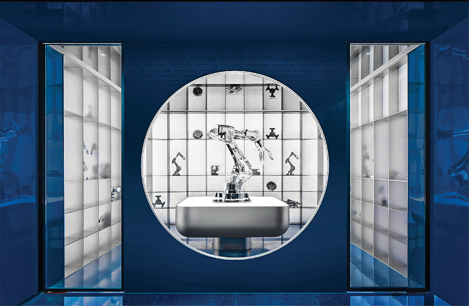 A bathroom with a blue wall and a mirror.