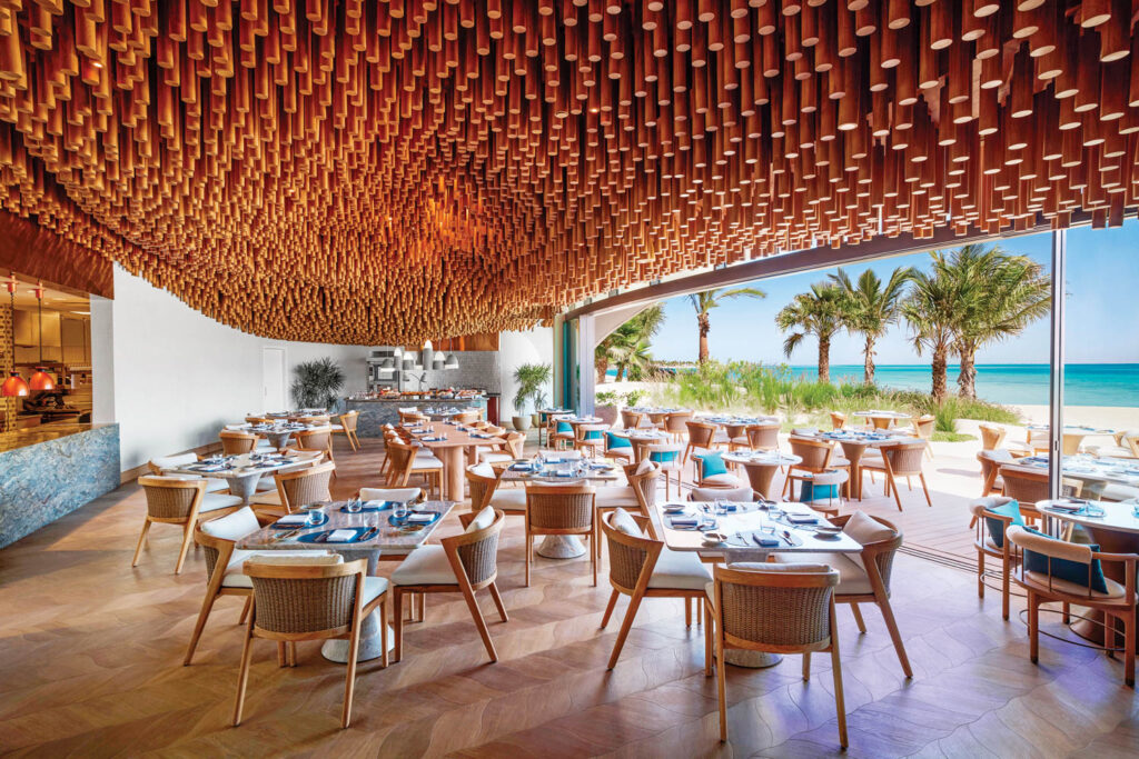 dining area with large ceiling installation