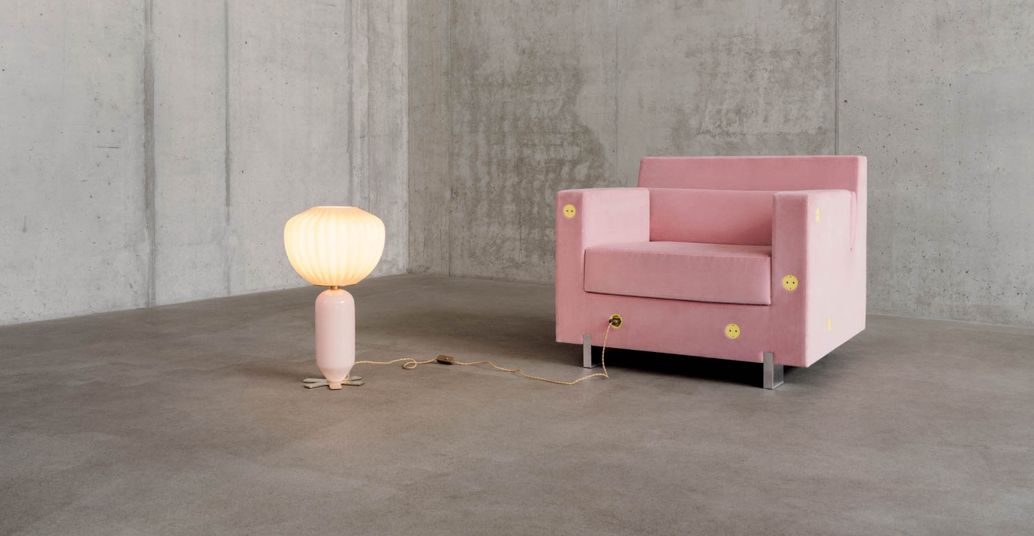 pink couch in showroom