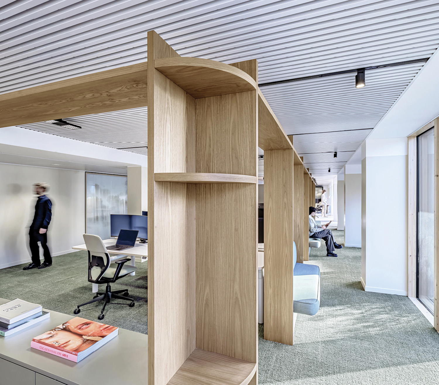 A wooden shelf in a cubic cubic.