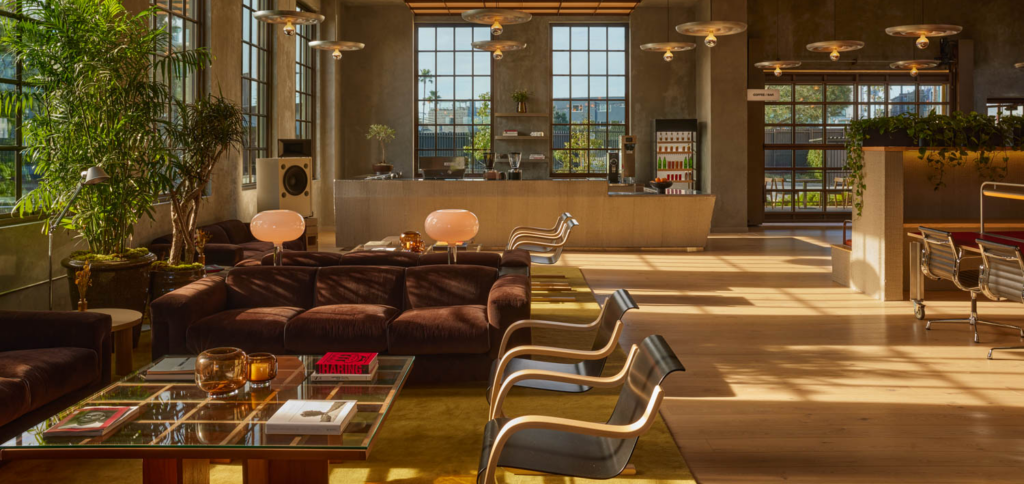 bauhaus inspired lounge area with chairs and dim lighting