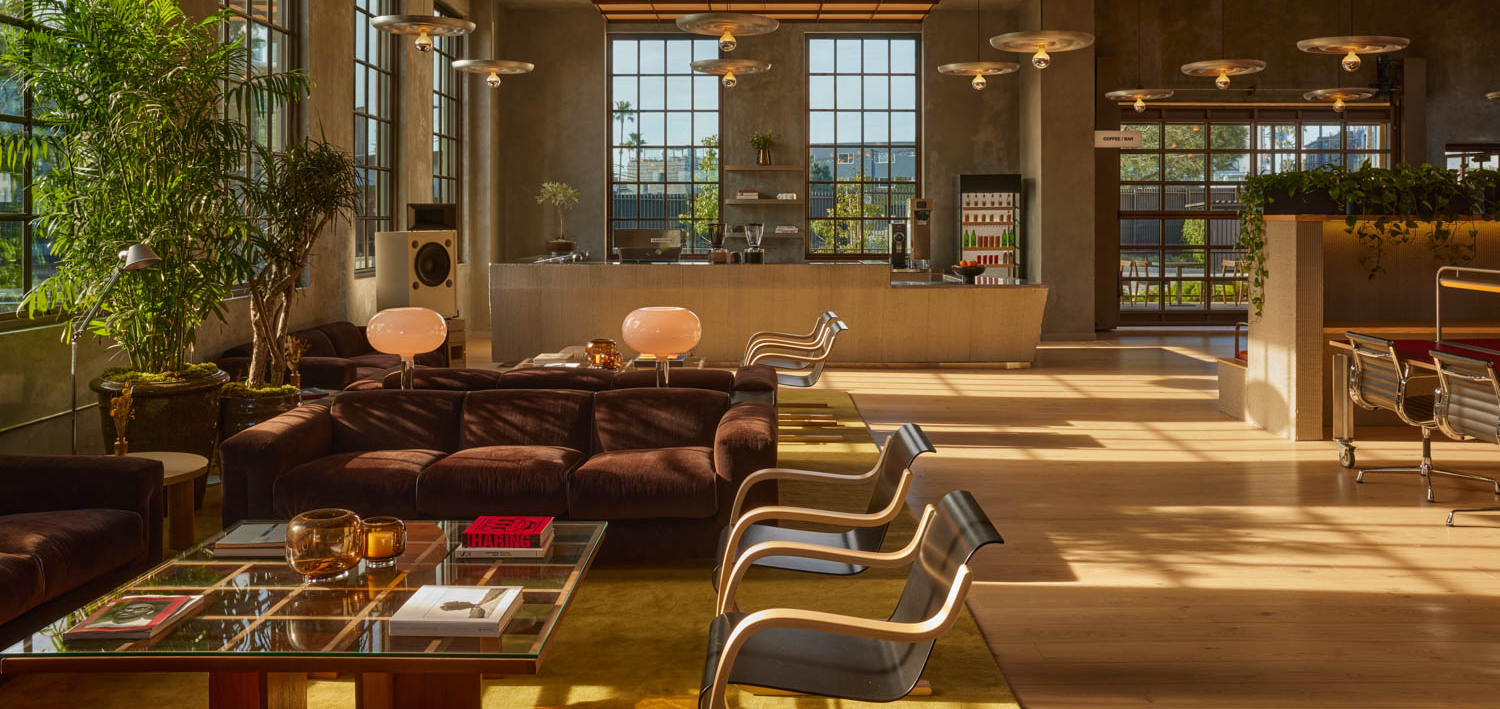 bauhaus inspired lounge area with chairs and dim lighting