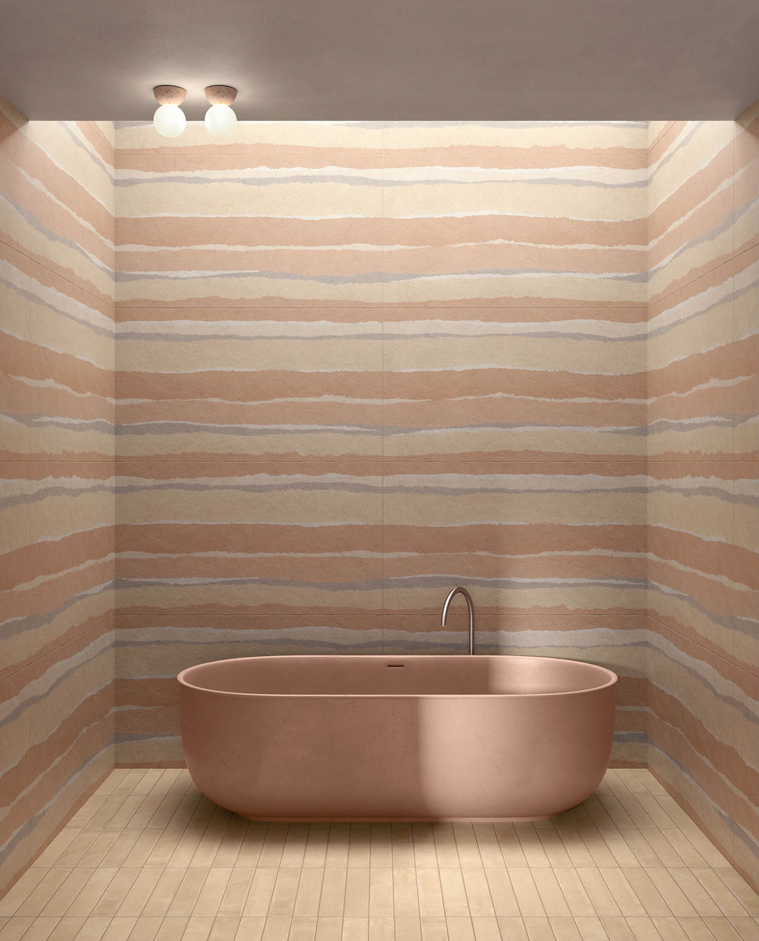 a bathroom with linear tile