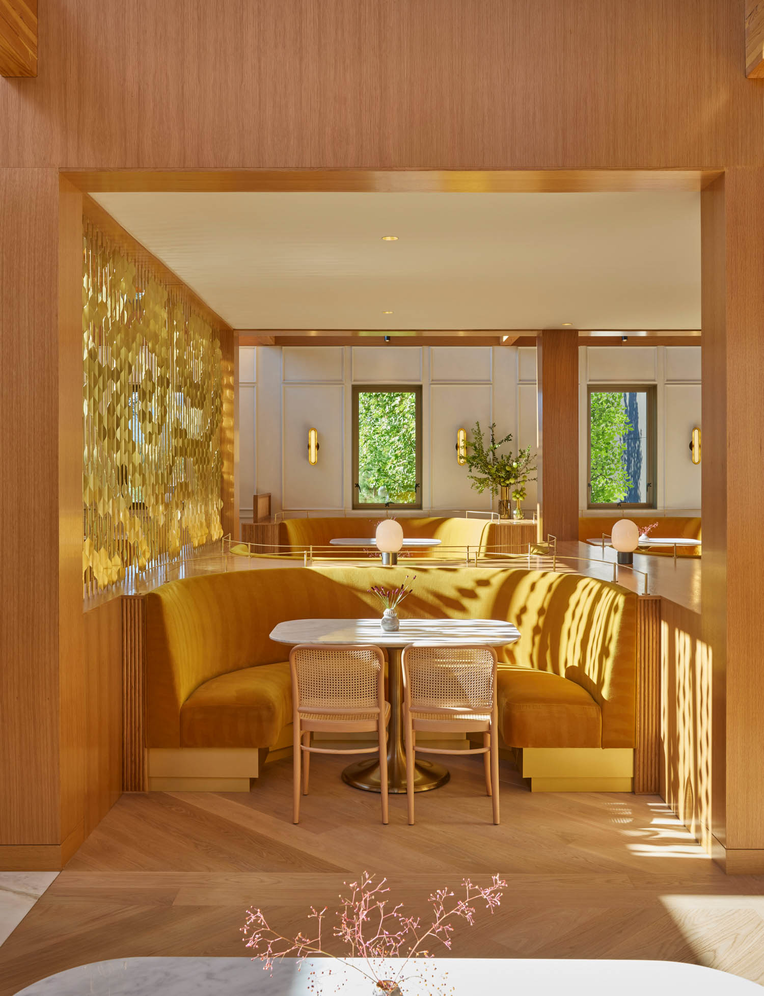 closeup of nook with walnut arch and flooring