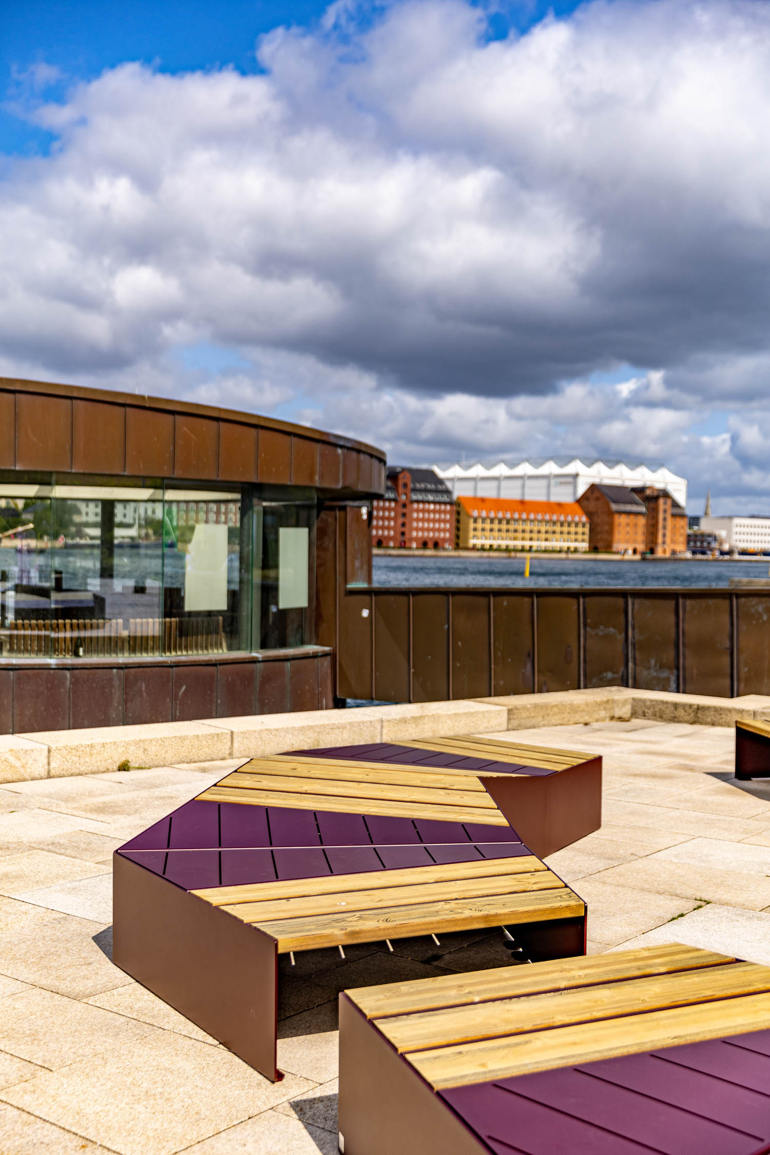 exterior courtyard with wood and steel seating