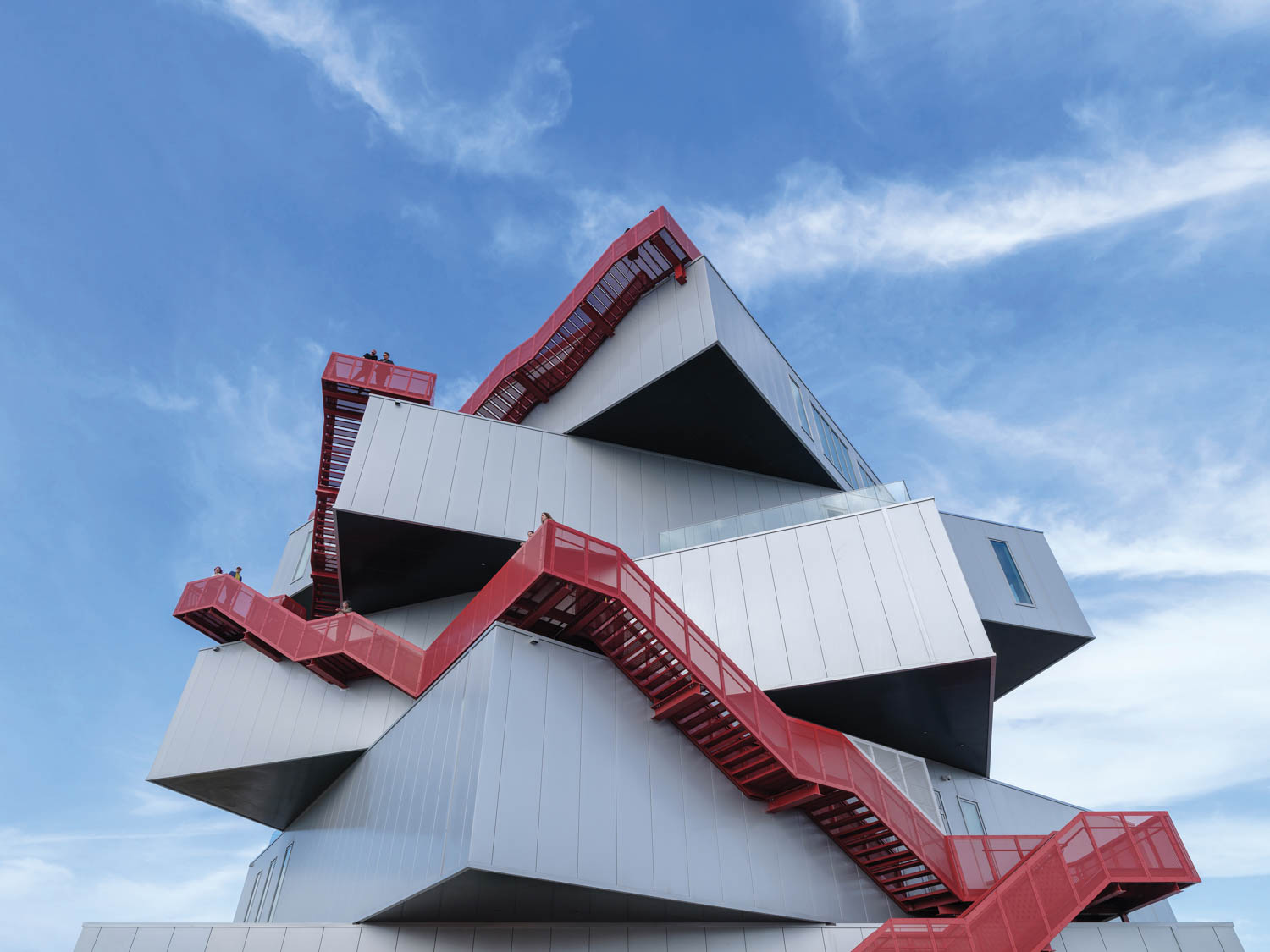 exterior of building with red staircases