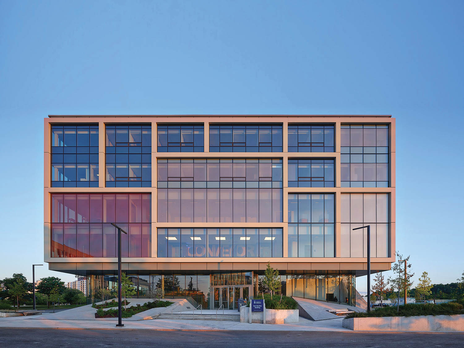 exterior facade of rectangular all glass building
