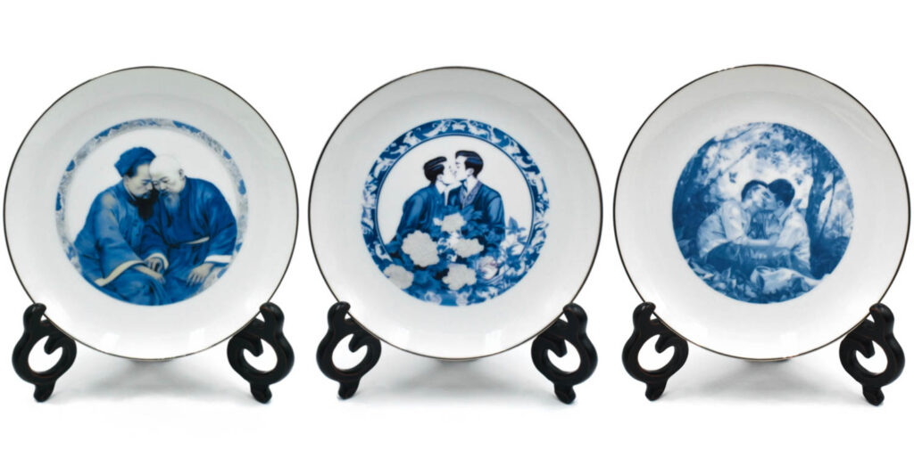 three plates displaying men in love