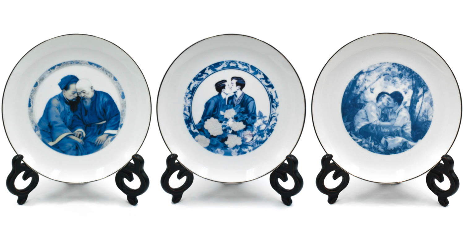 three plates displaying men in love