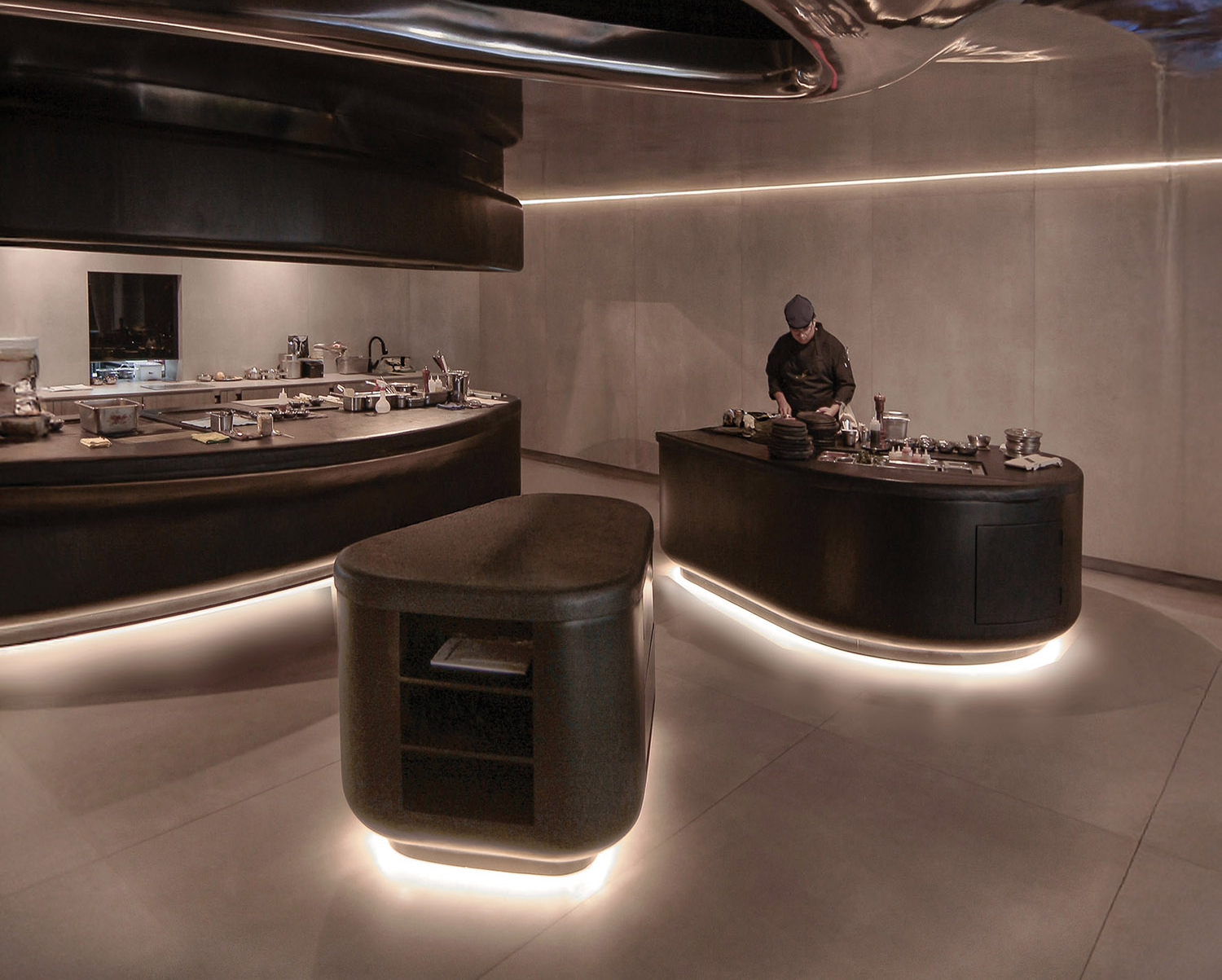 kitchen with multiple stone islands