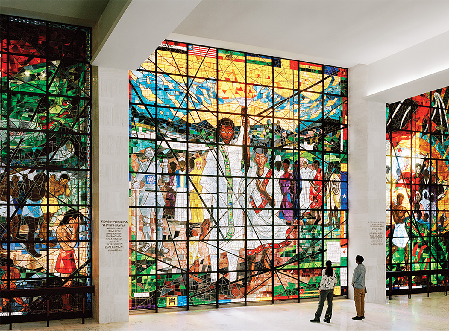 A large stained glass window.