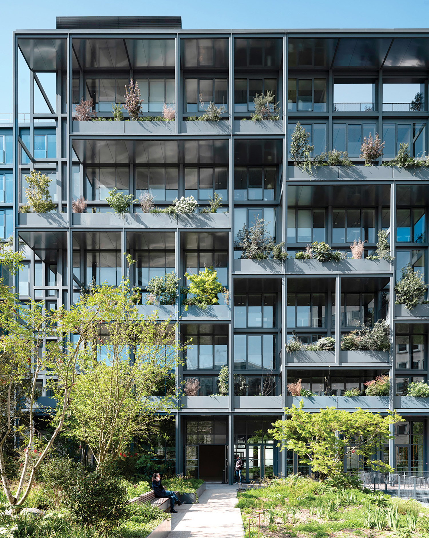 A building with many windows and plants growing on the side.