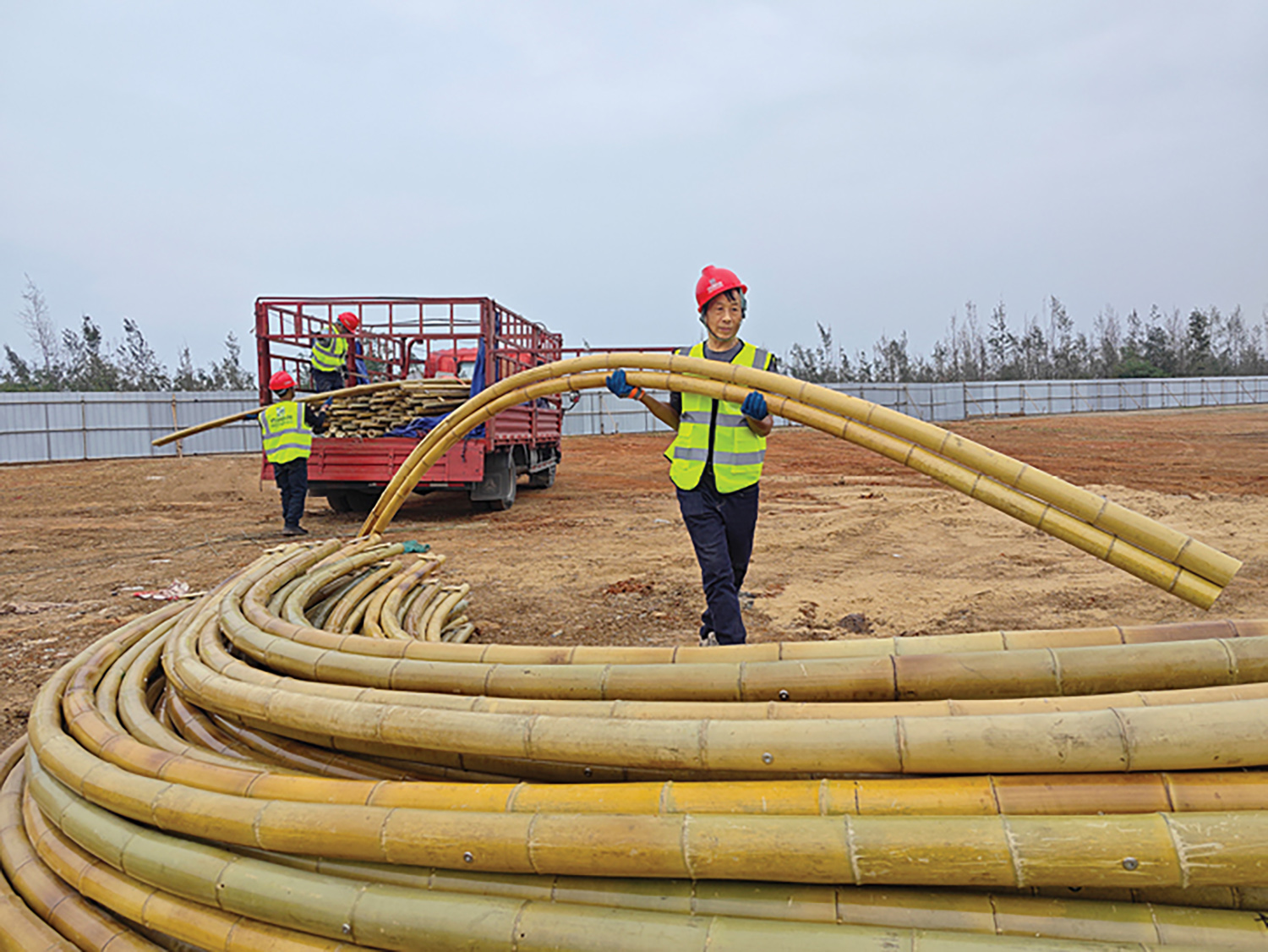 person standing and holding long bamboo tubes
