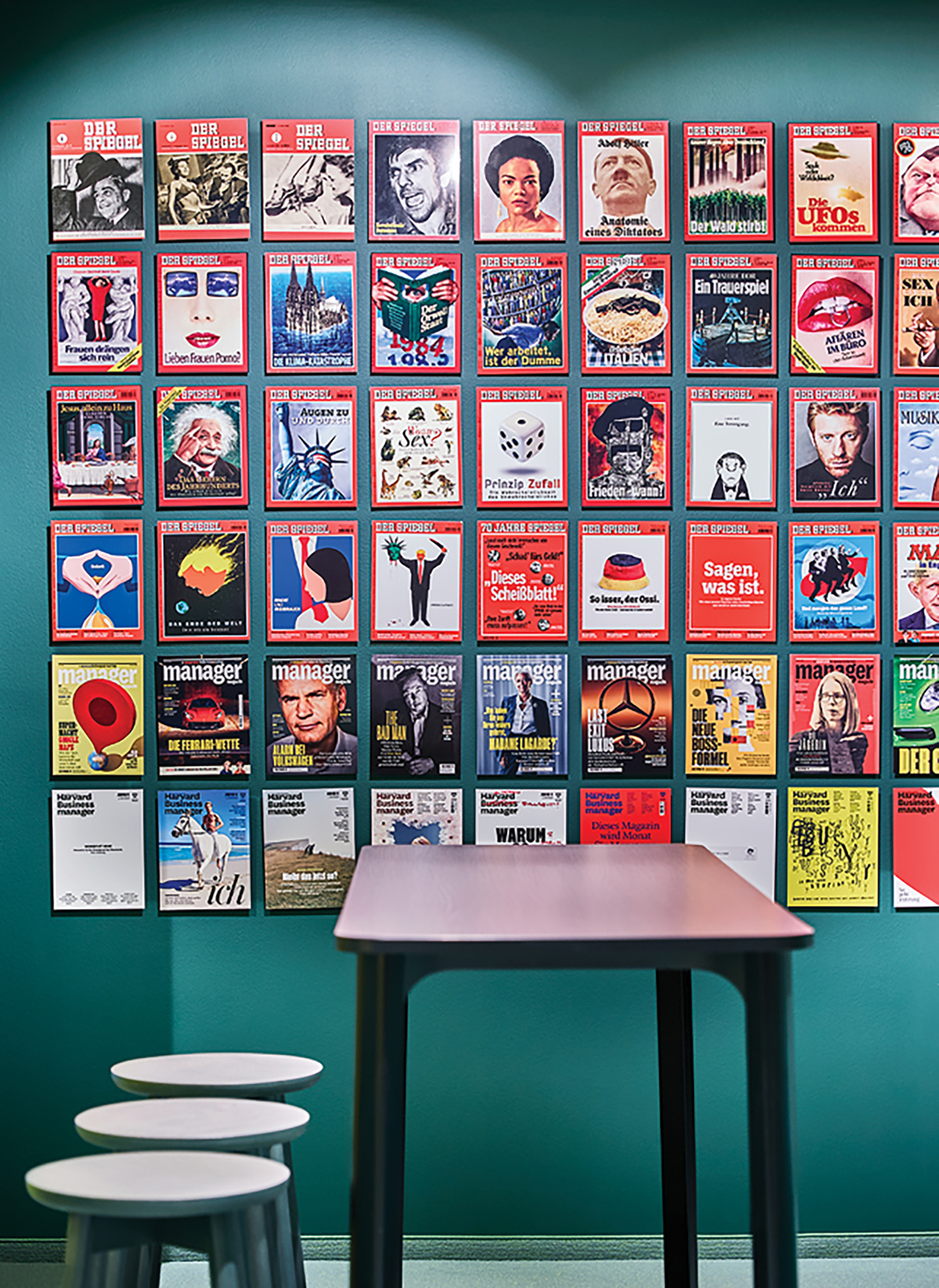 A wall of magazines.