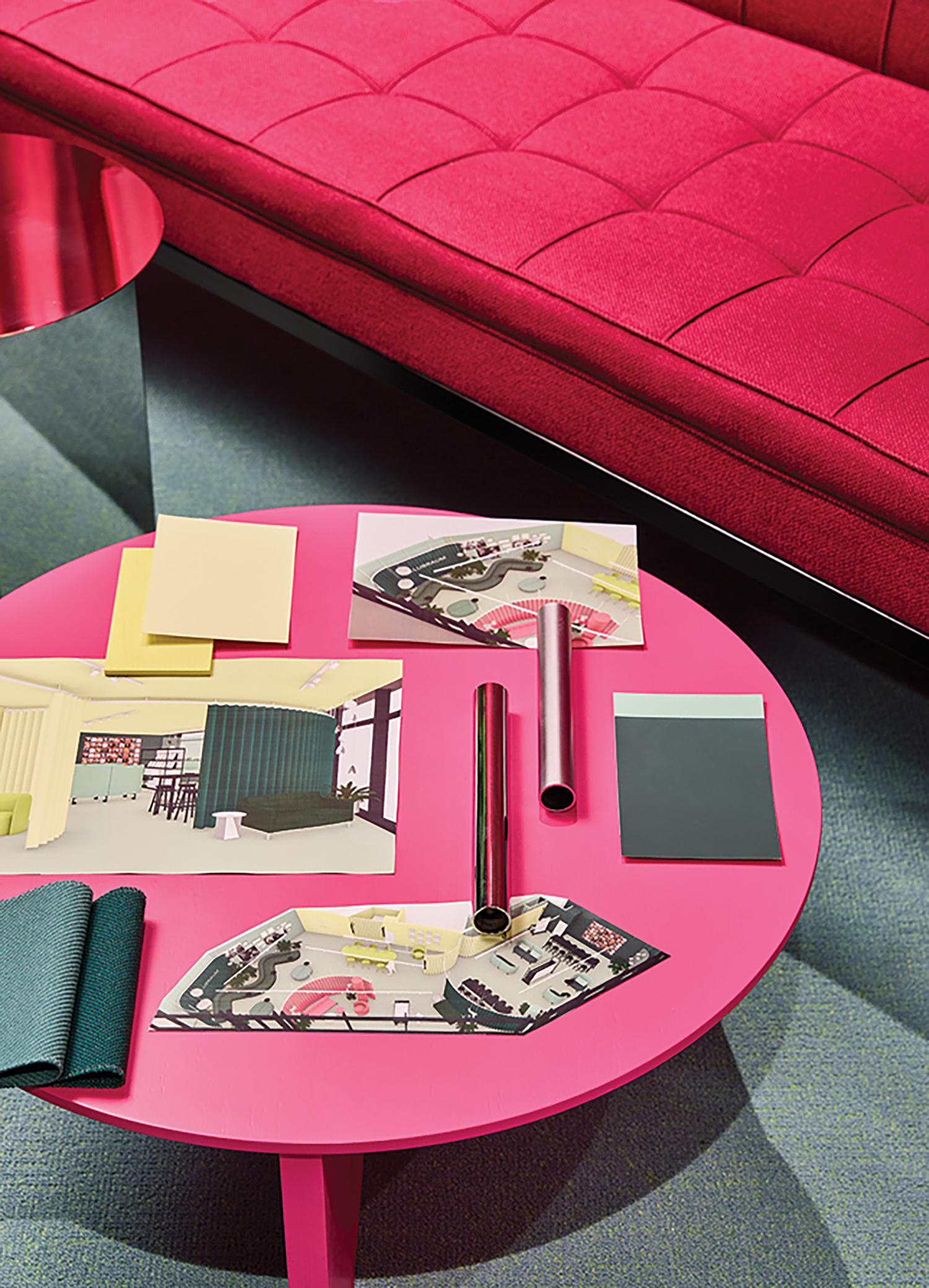 A pink coffee table.