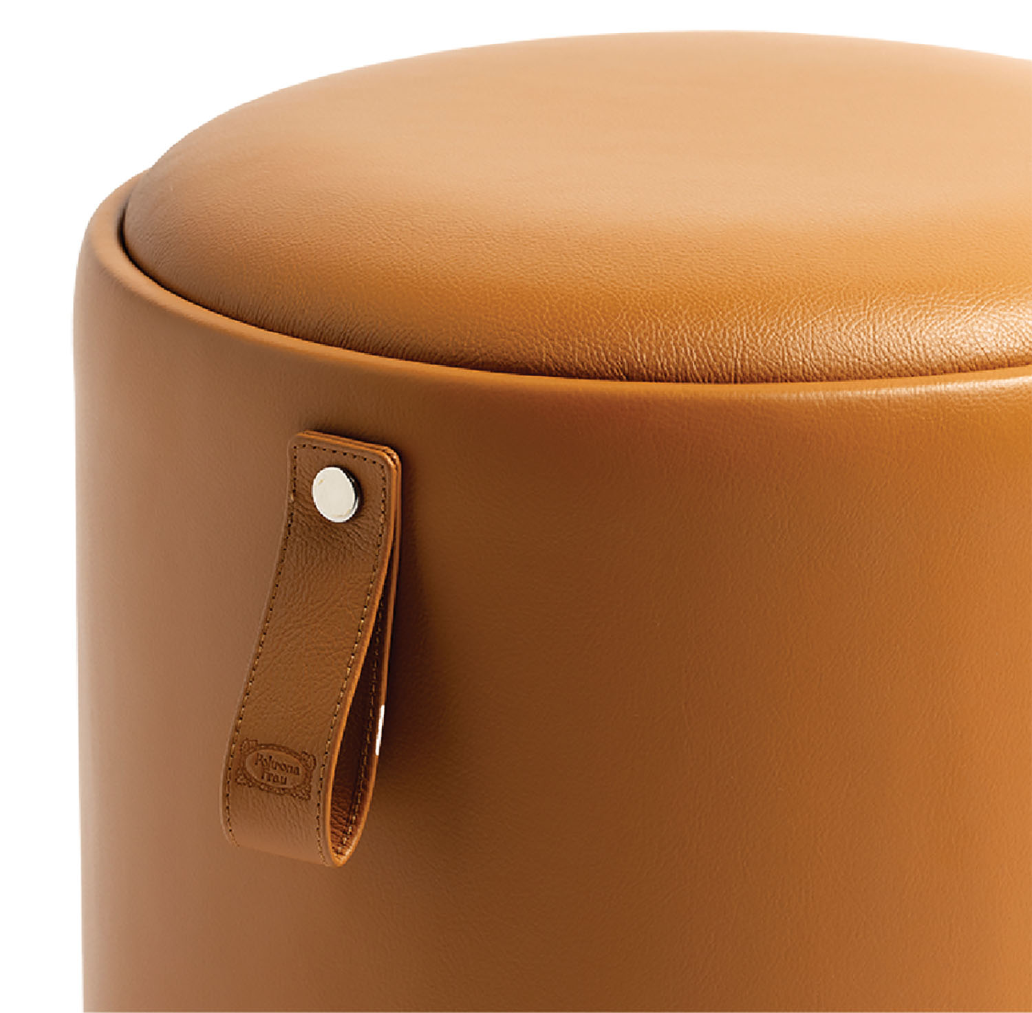 The leather stool is made from a soft, tan leather.