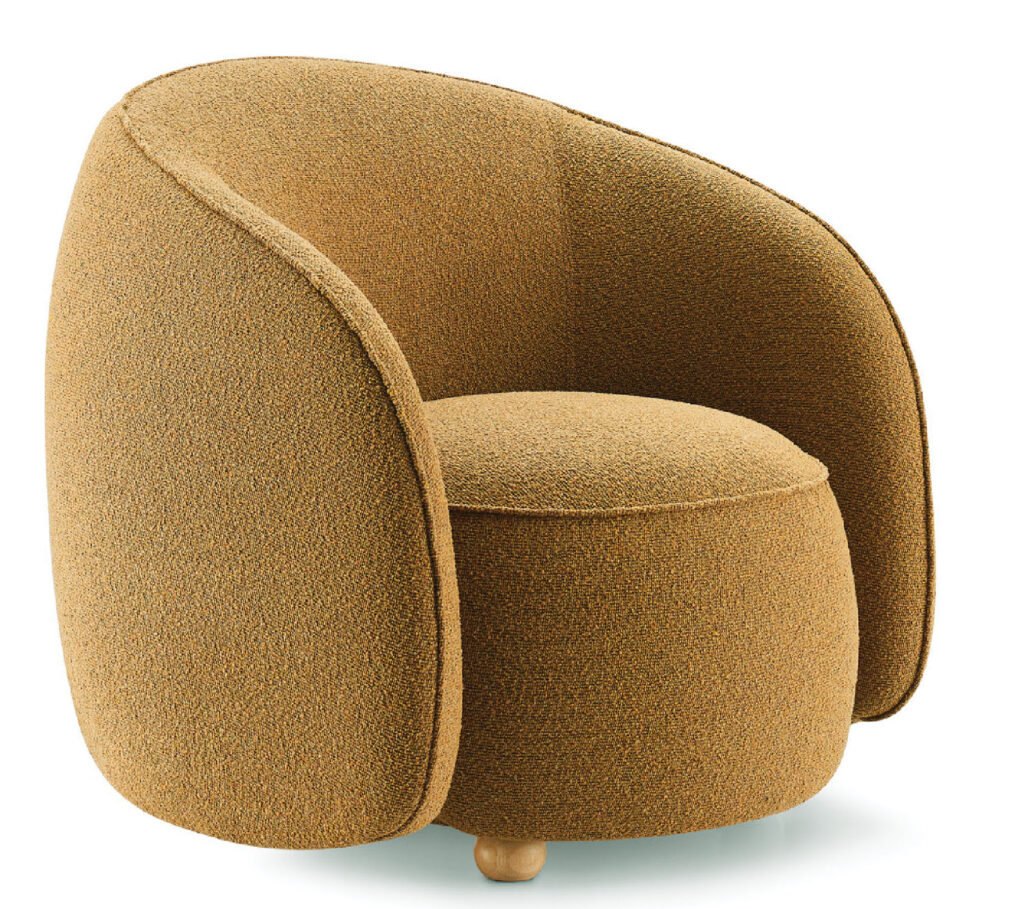 A brown chair with a wooden base and a brown upholing.