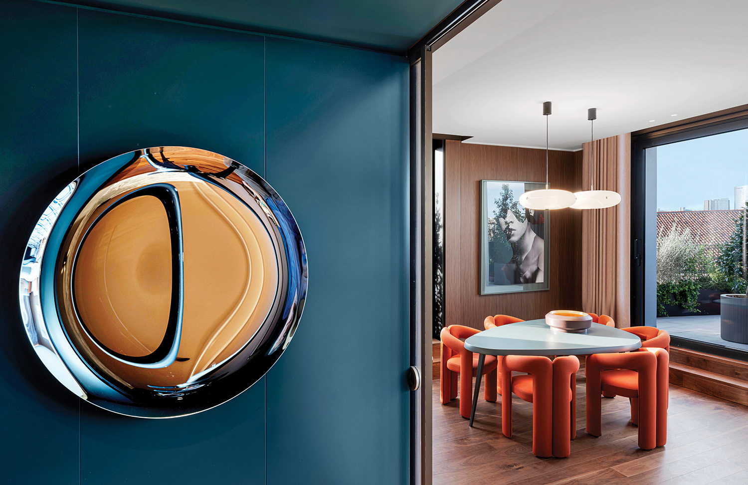 A round table in a room.