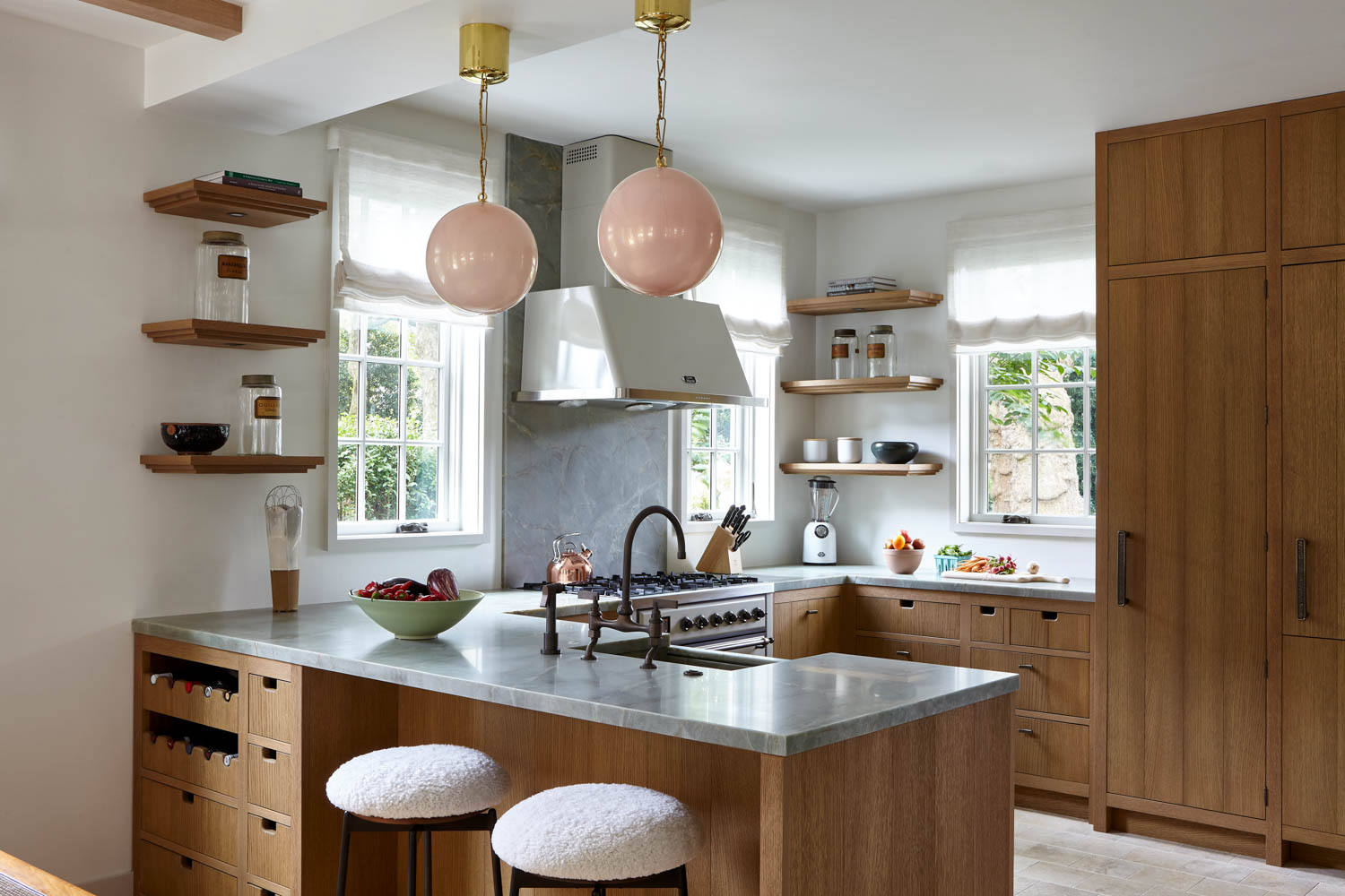 all wood kitchen with orb lighting