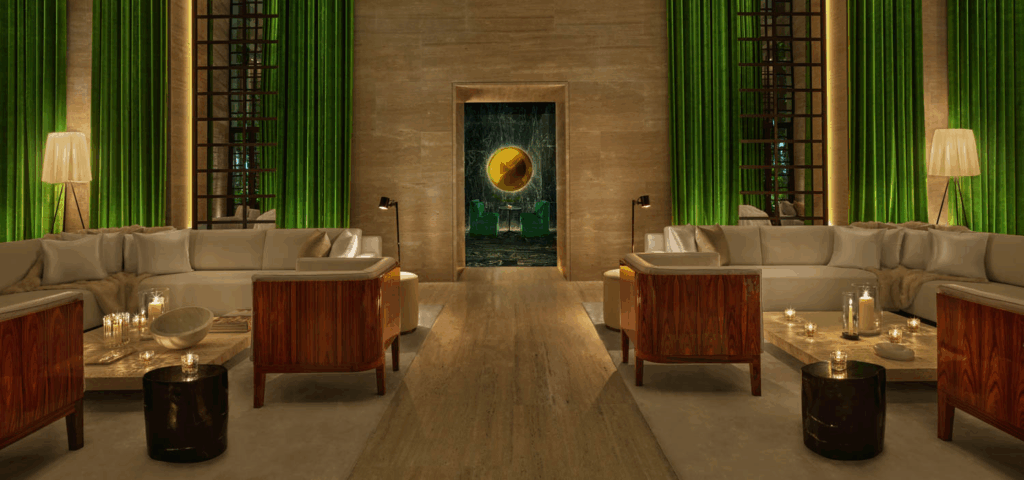 lobby with green drapes and seating