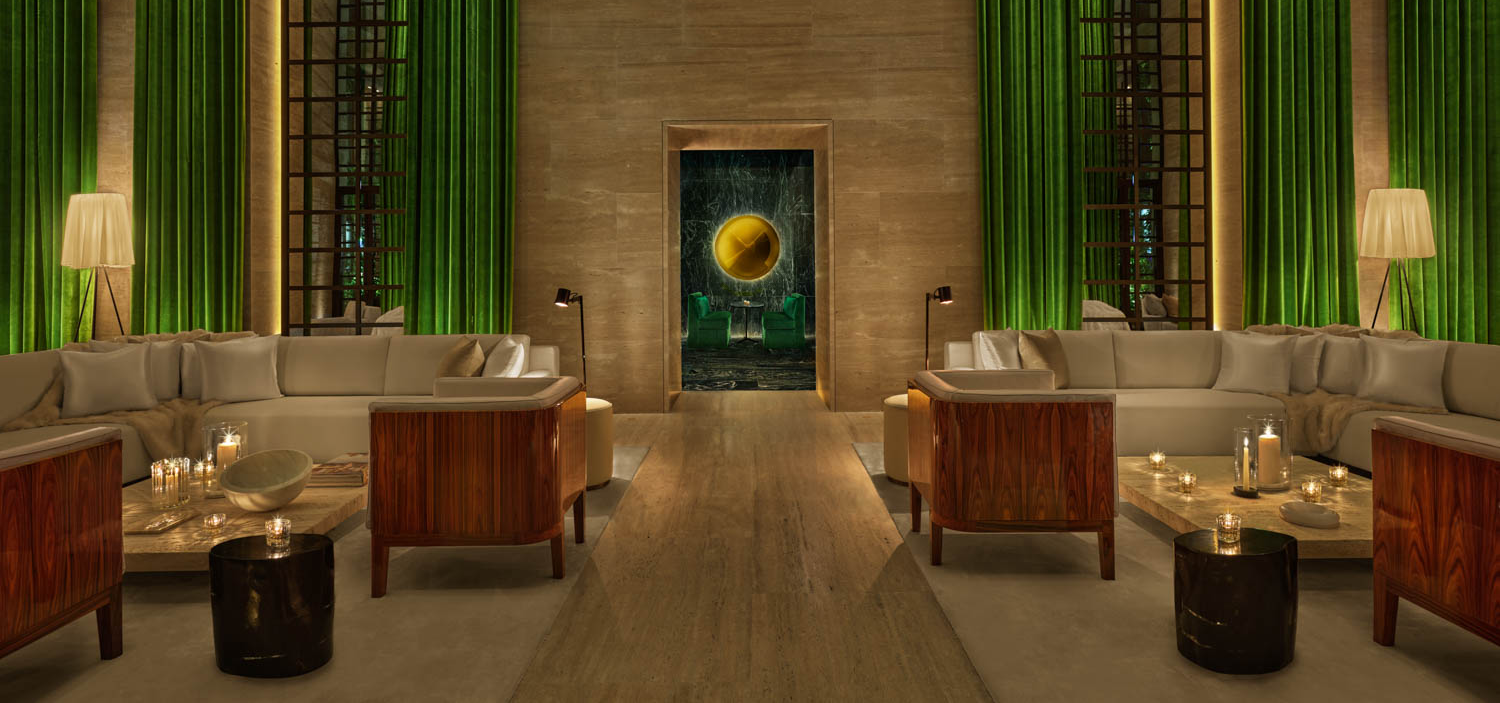 lobby with green drapes and seating