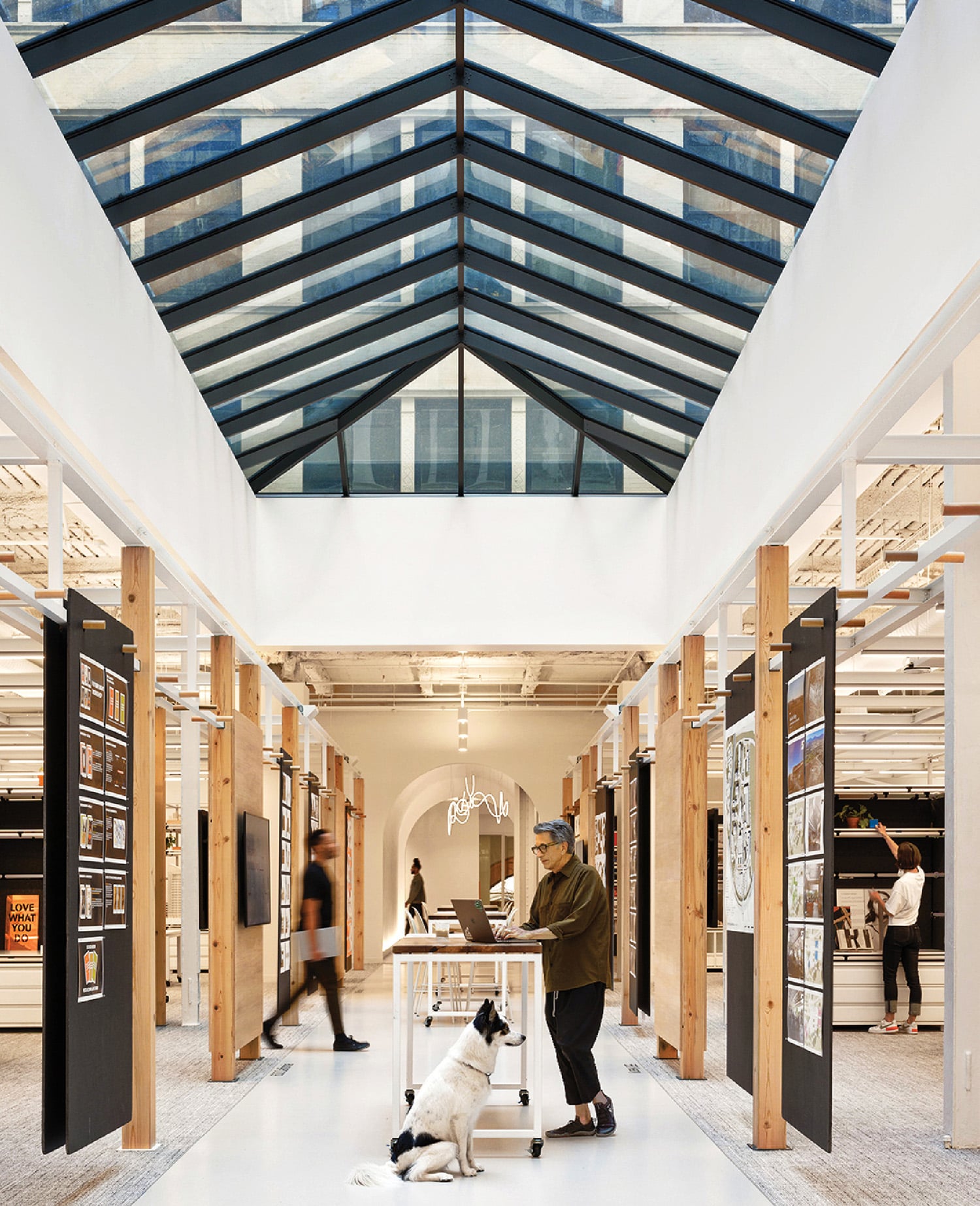 A dog is sitting on a white bench in a store