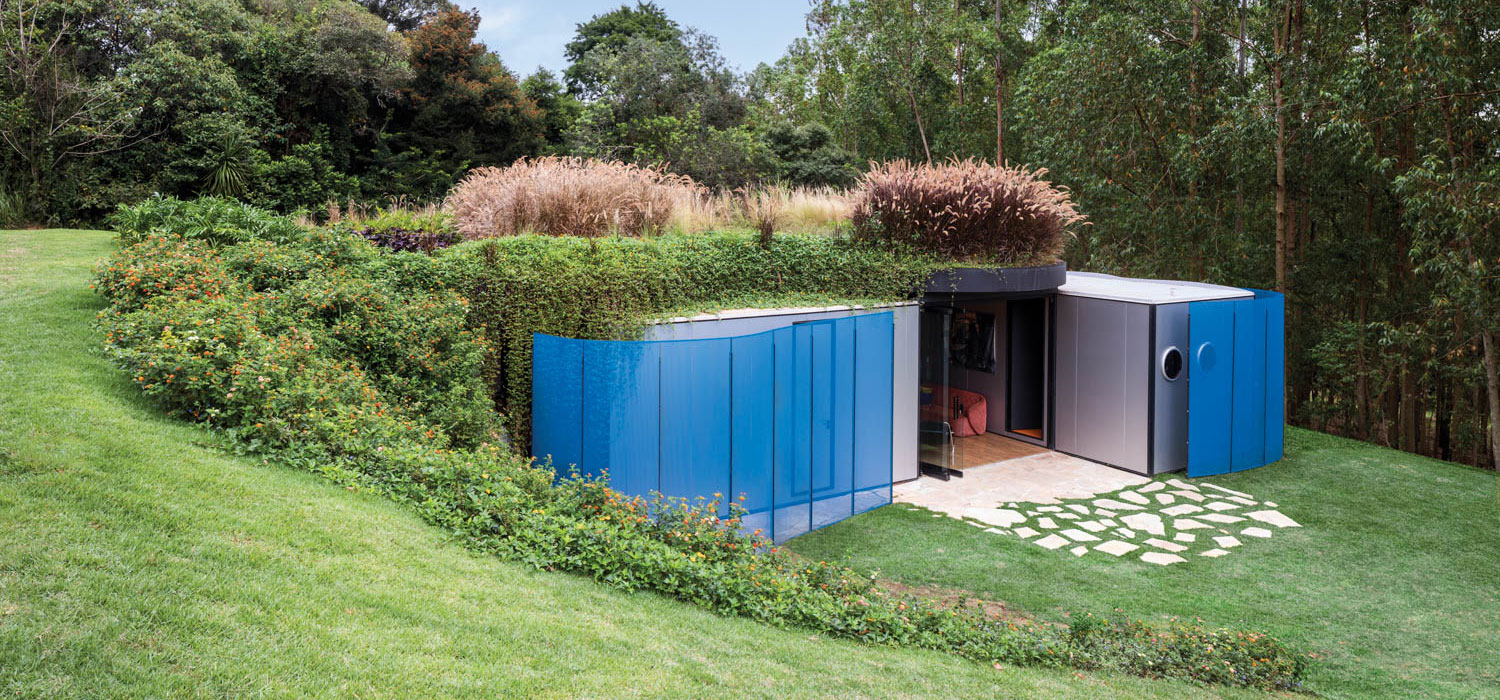 blue modular home covered by grassy hill