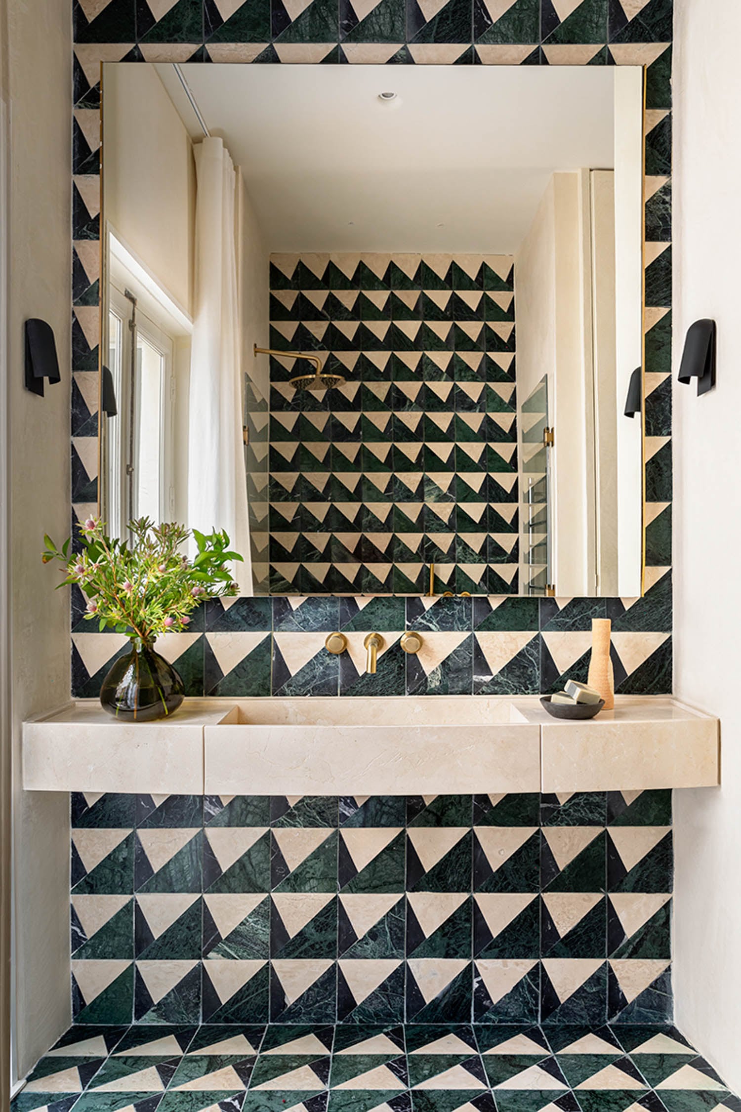 bathroom with patterned blue tile