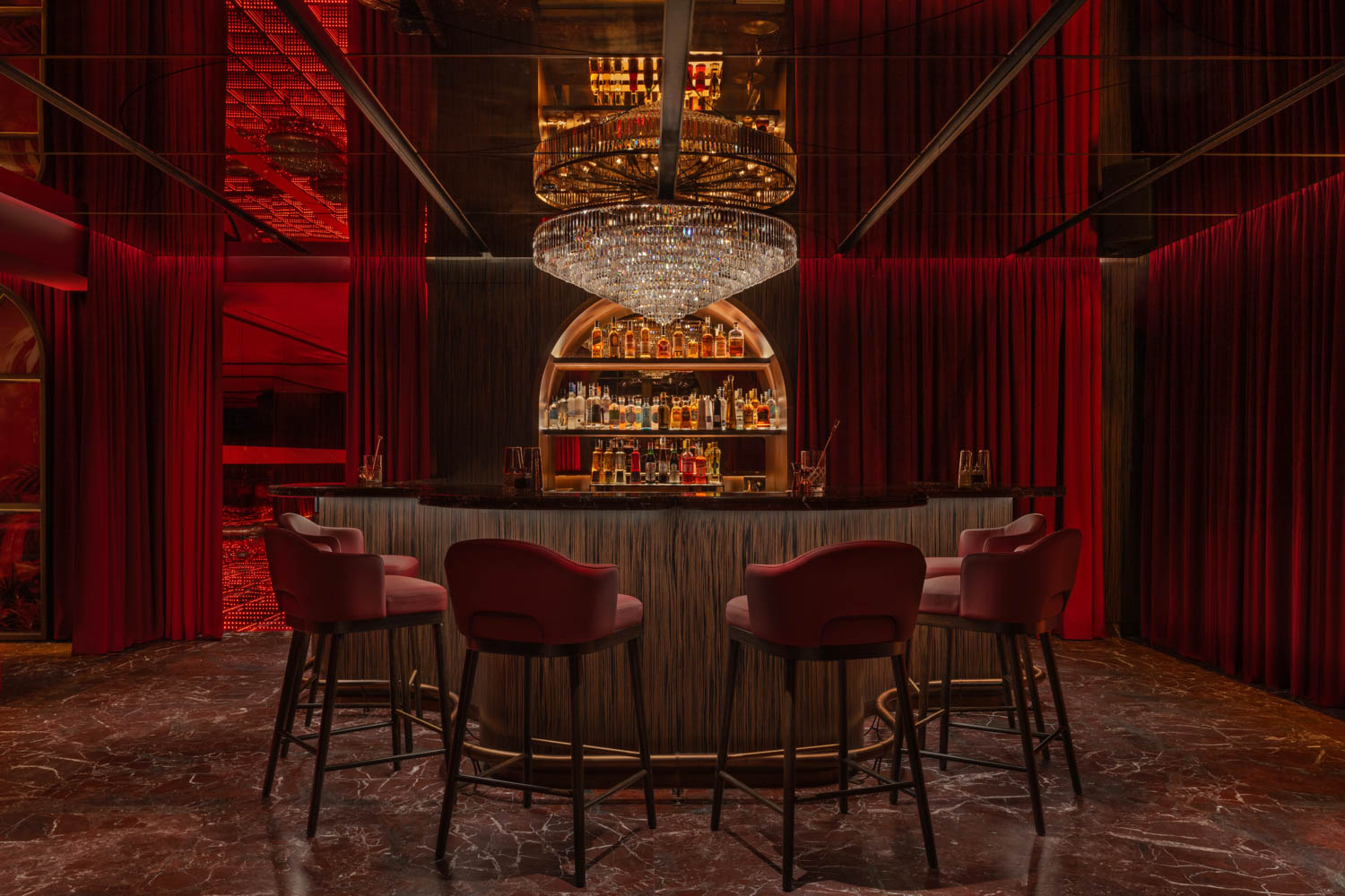 dining area with dark red lights