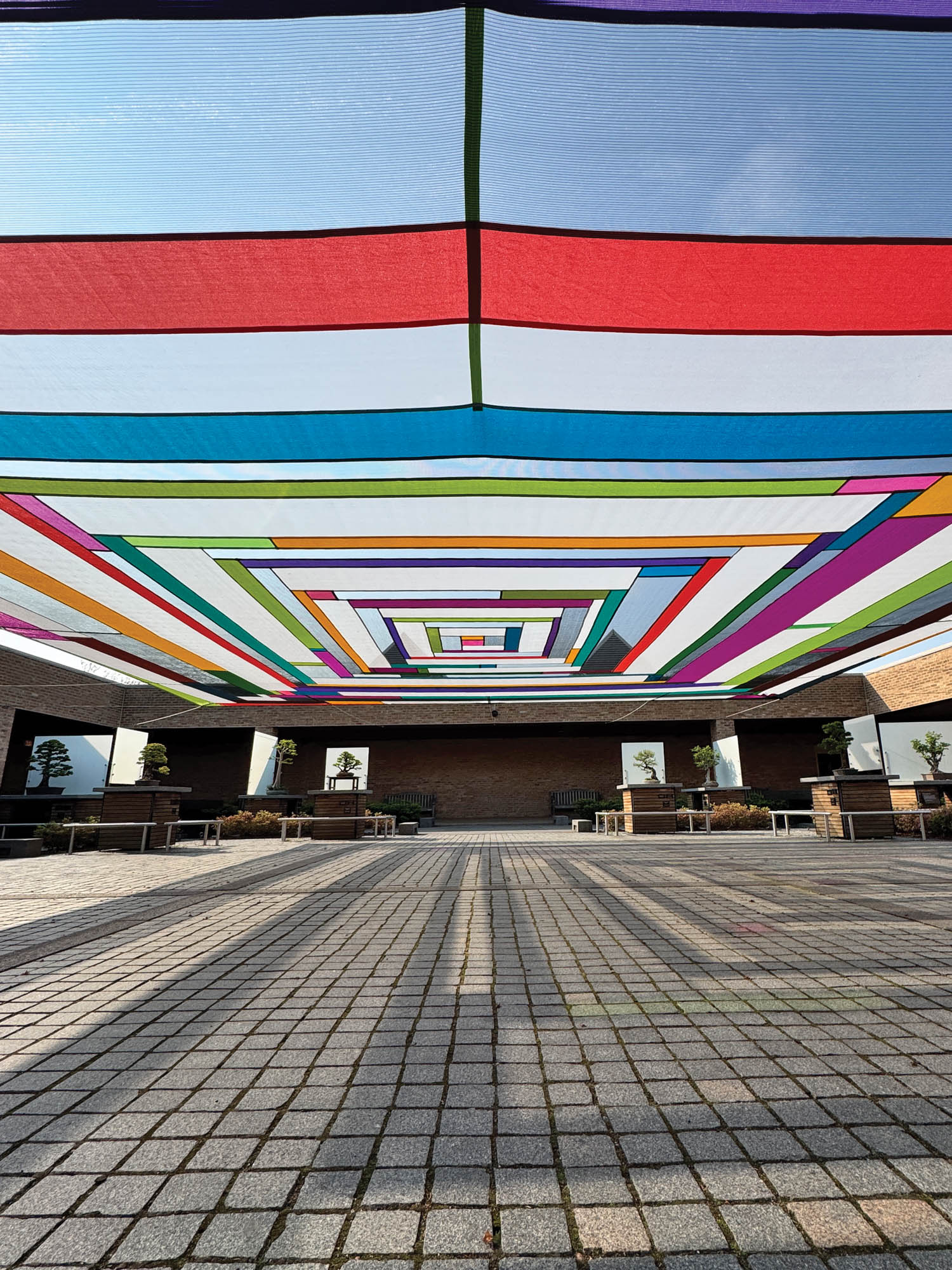 rainbow canopies over a courtyard