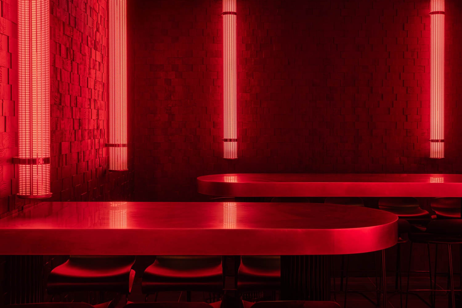 closeup of red counters with stainless steel tops