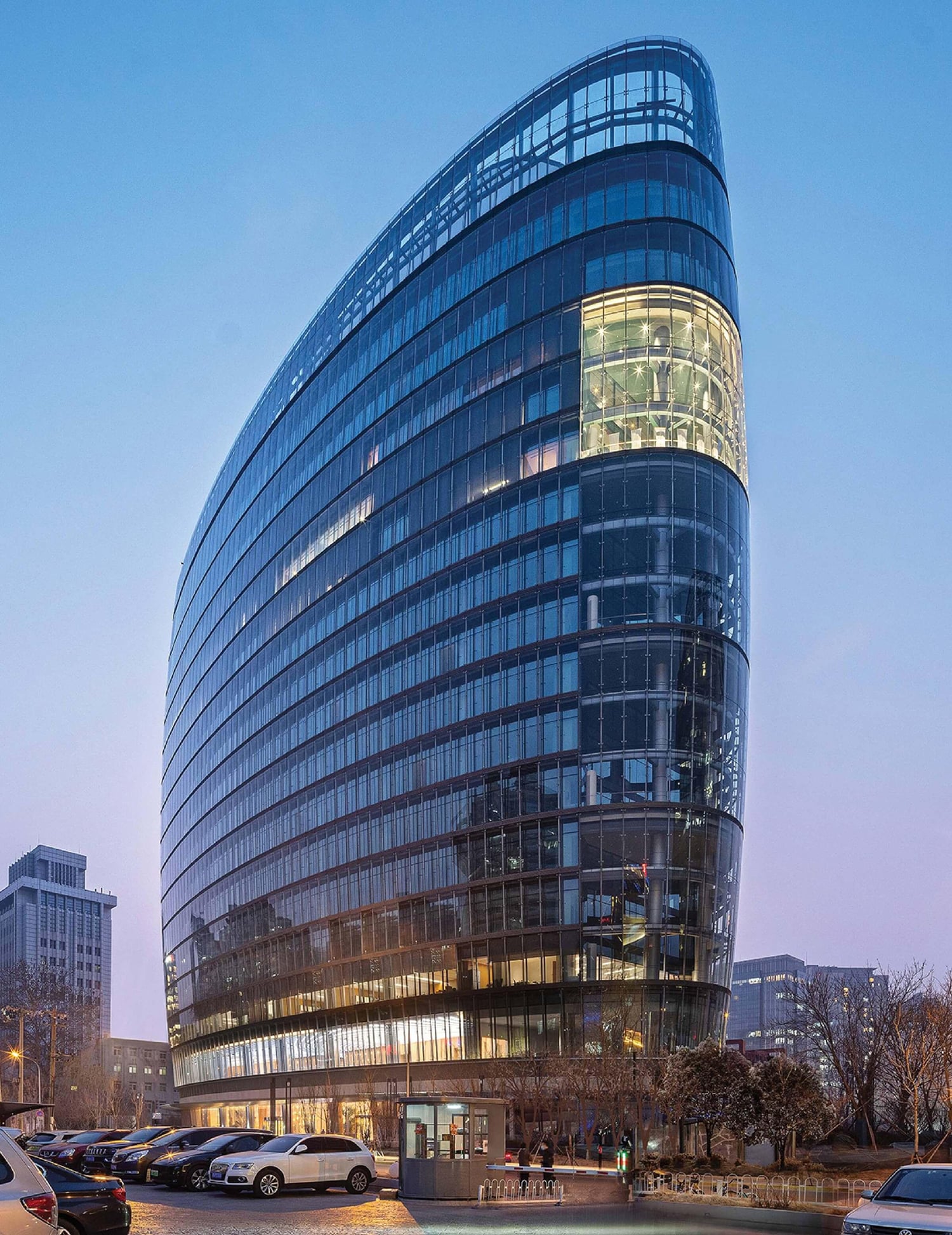 A very modern building in the city.