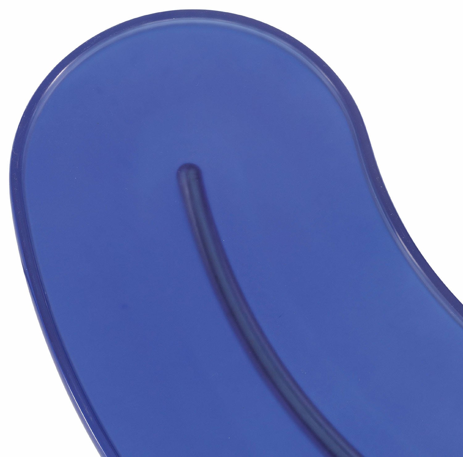 A blue plastic object with a white background.