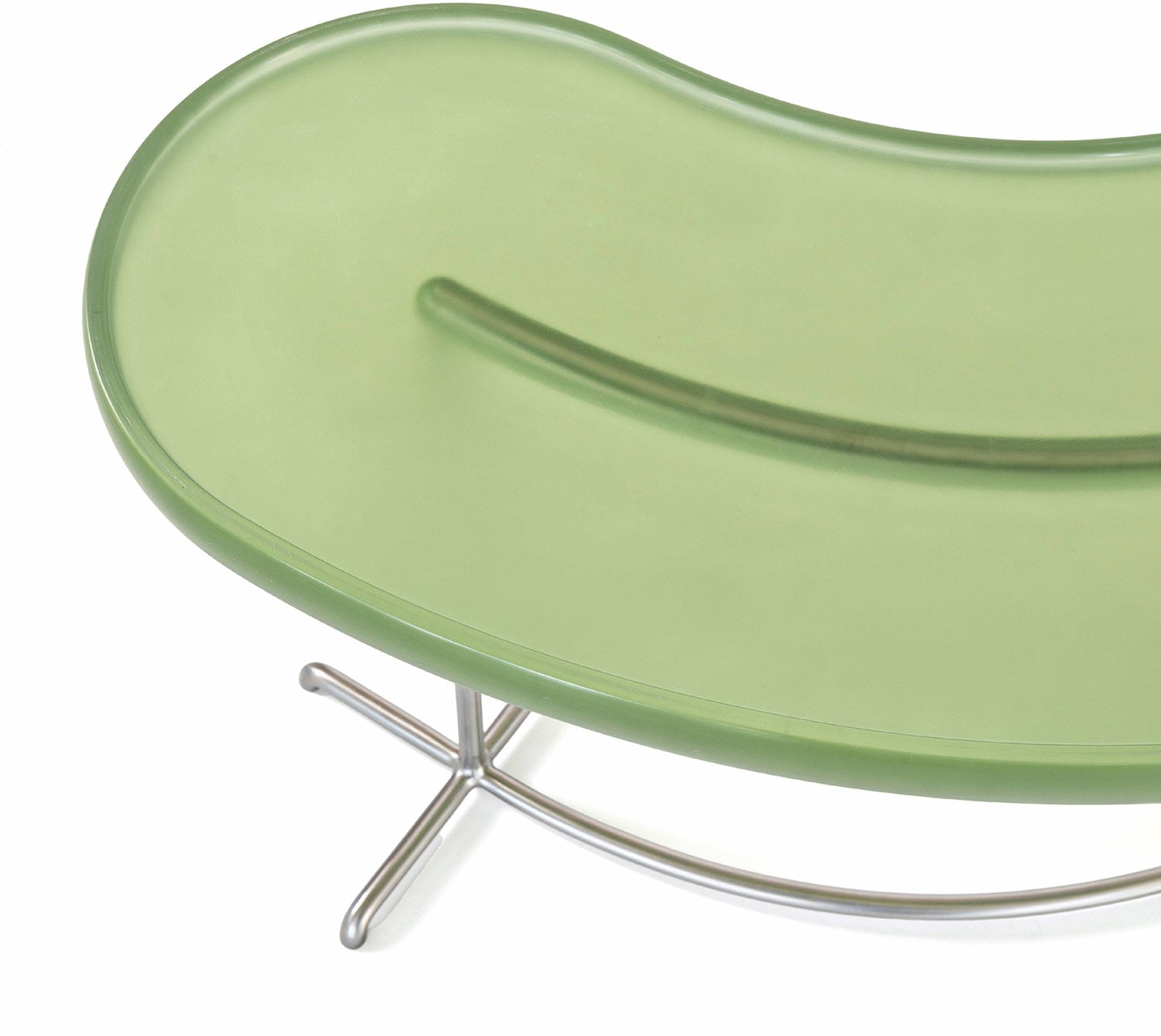 A green chair with a metal frame.