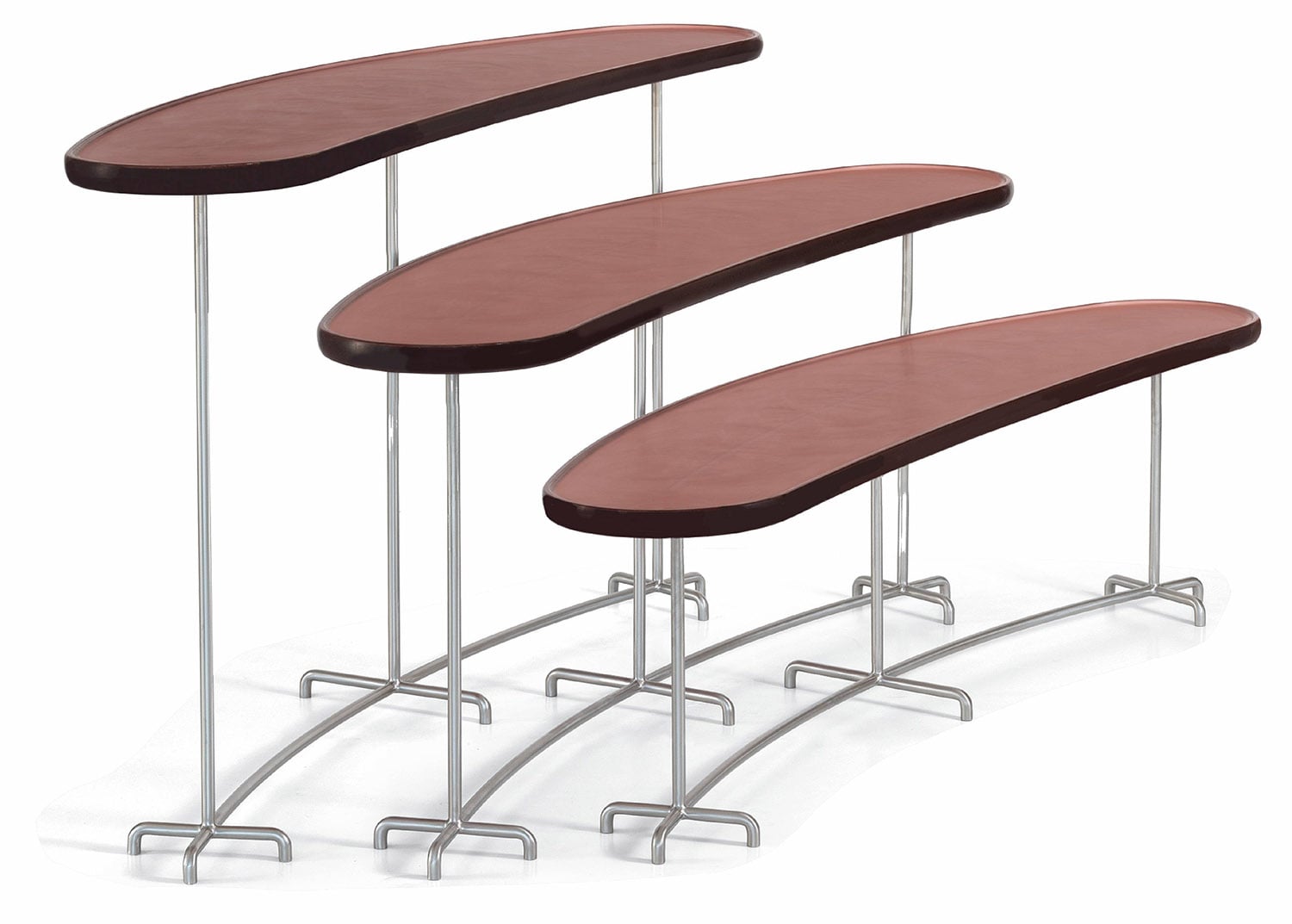 Three tables with metal legs and a red leather top.