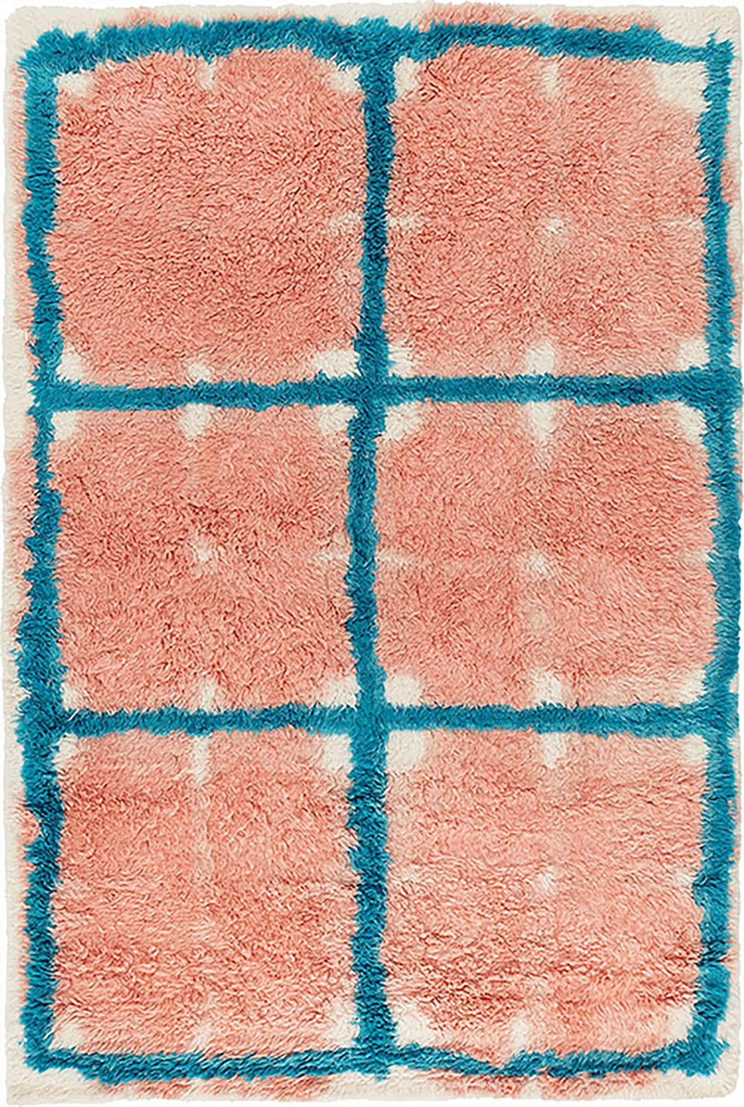 A pink and blue rug with squares