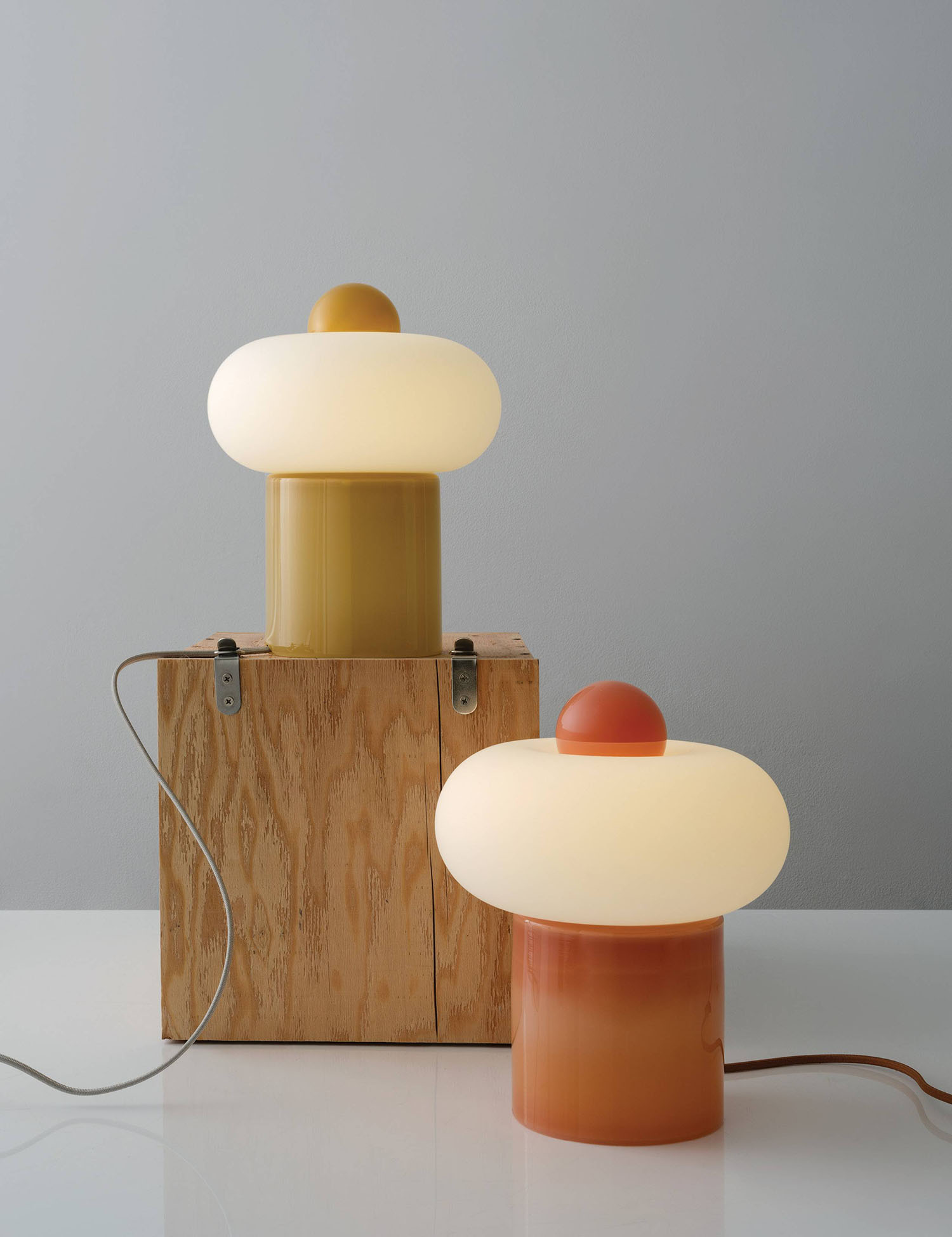 A pair of lamps with a wooden base and a white light