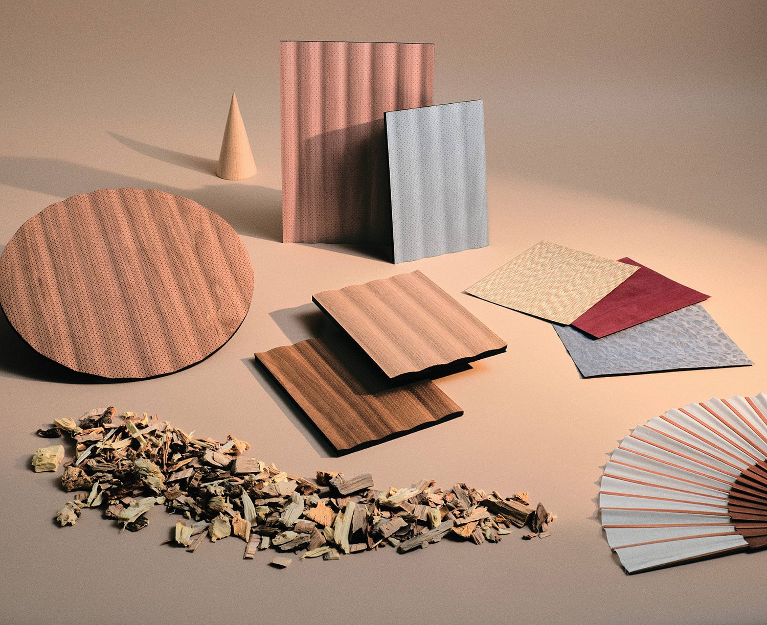 A collection of different colored paper and wood.