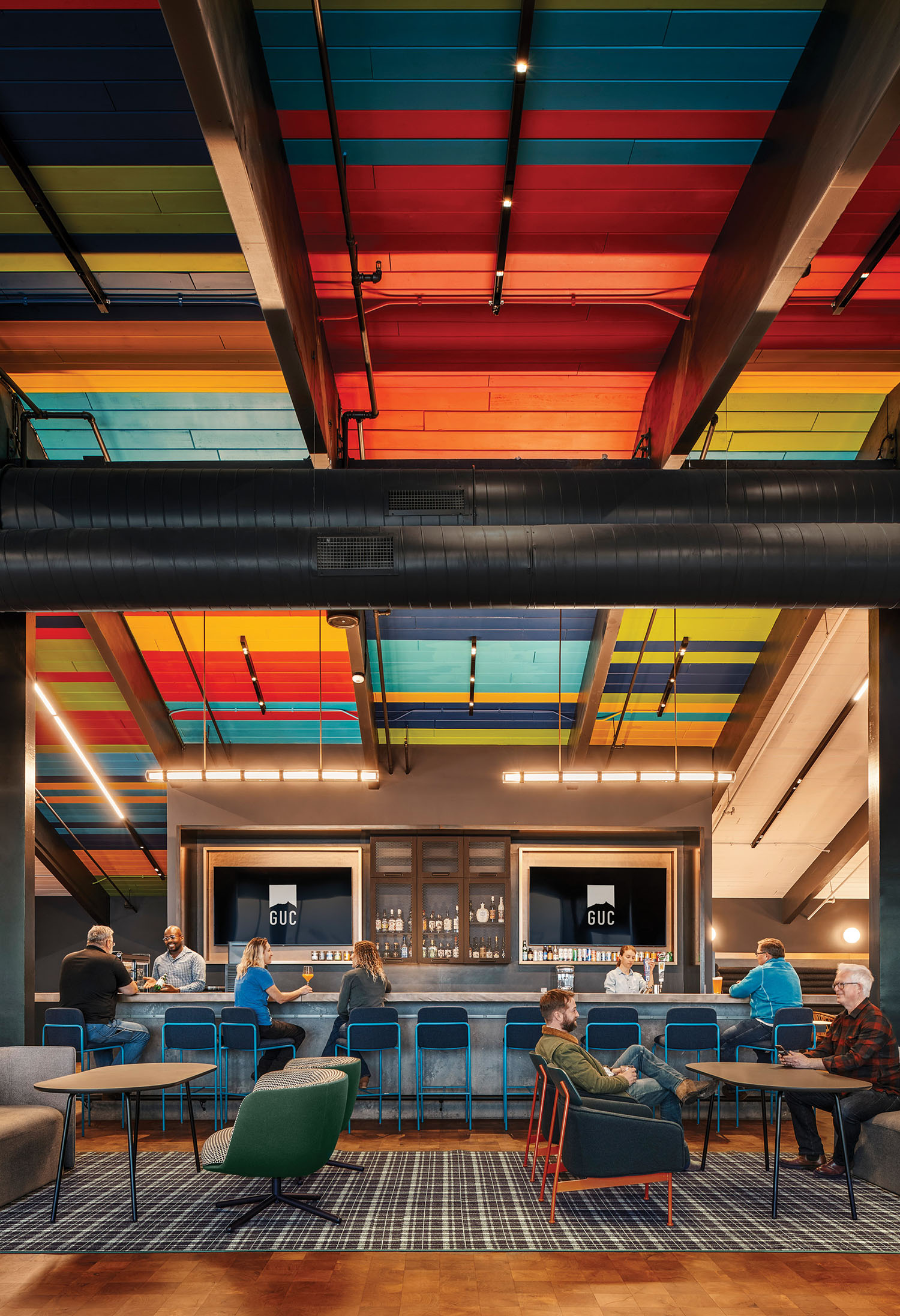 A colorfully painted ceiling in a restaurant