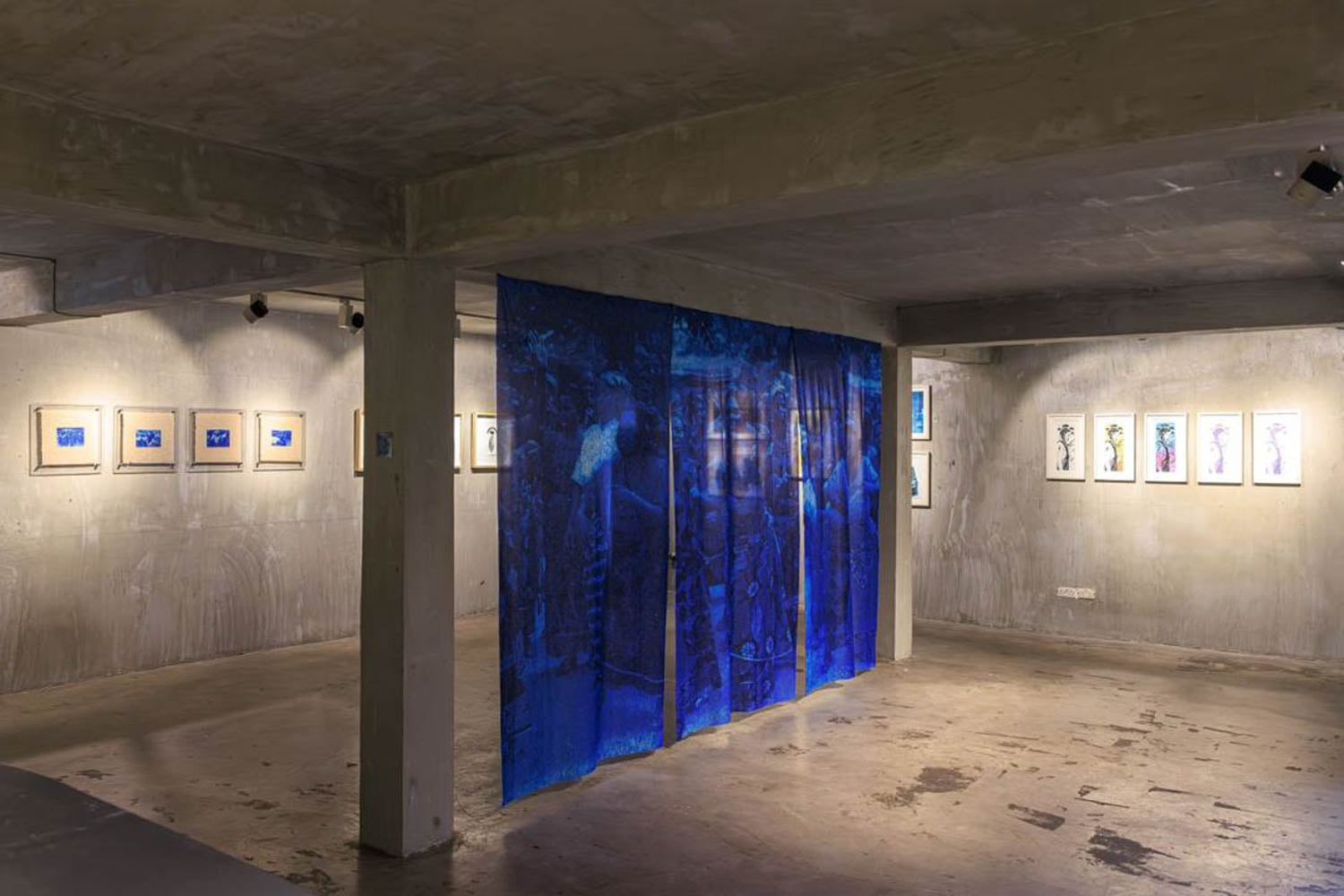 blue artwork in room