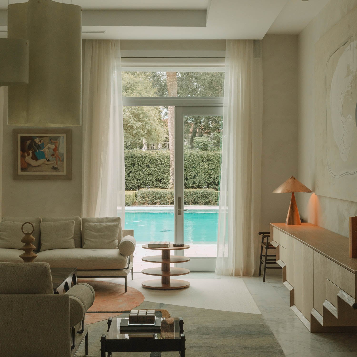 living room with view of the pool